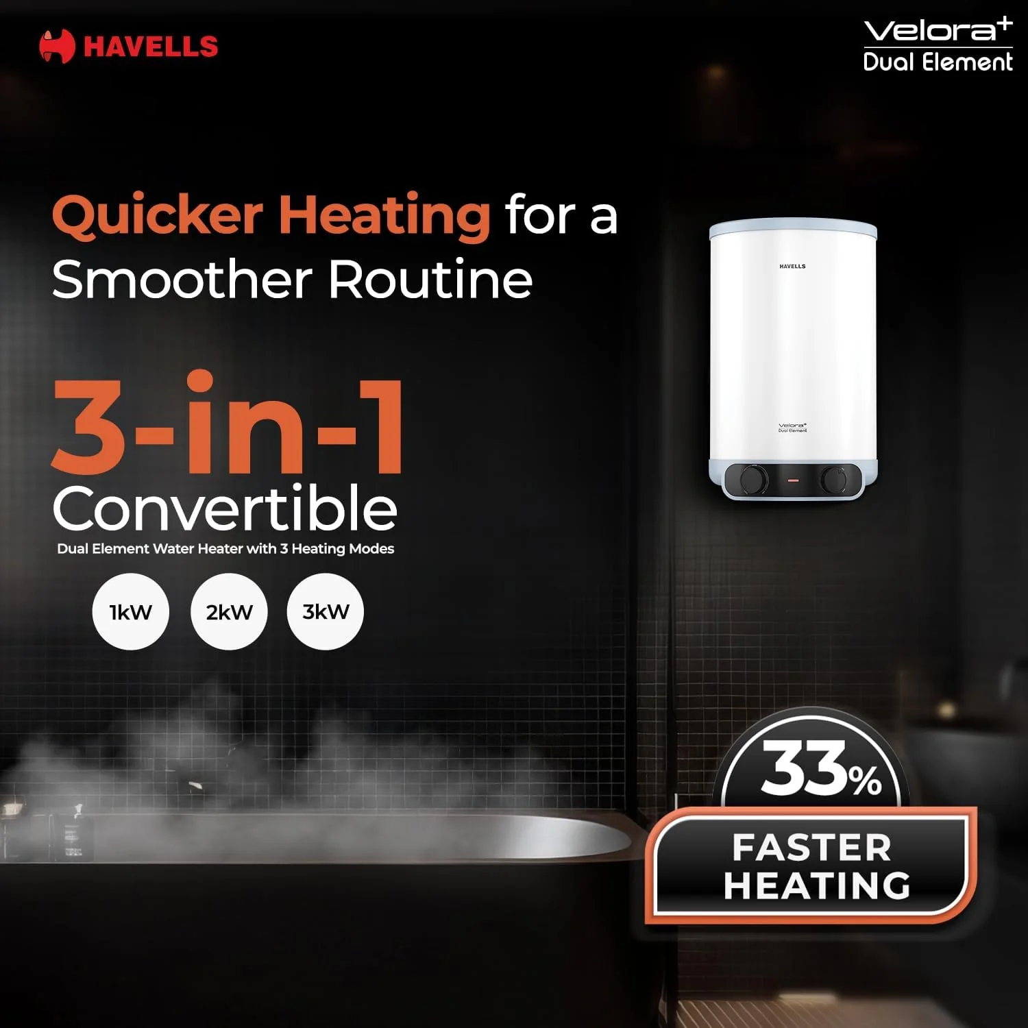 Havells All New Velora+ 25L 5 Star 3-in-1 Convertible Storage Water Heater(Geyser)|Dual Element|33% Faster Heating|safe to use|7 Year Tank &amp; 5 Year element Warranty|Free Installation &amp; Flexi pipes - Image 3