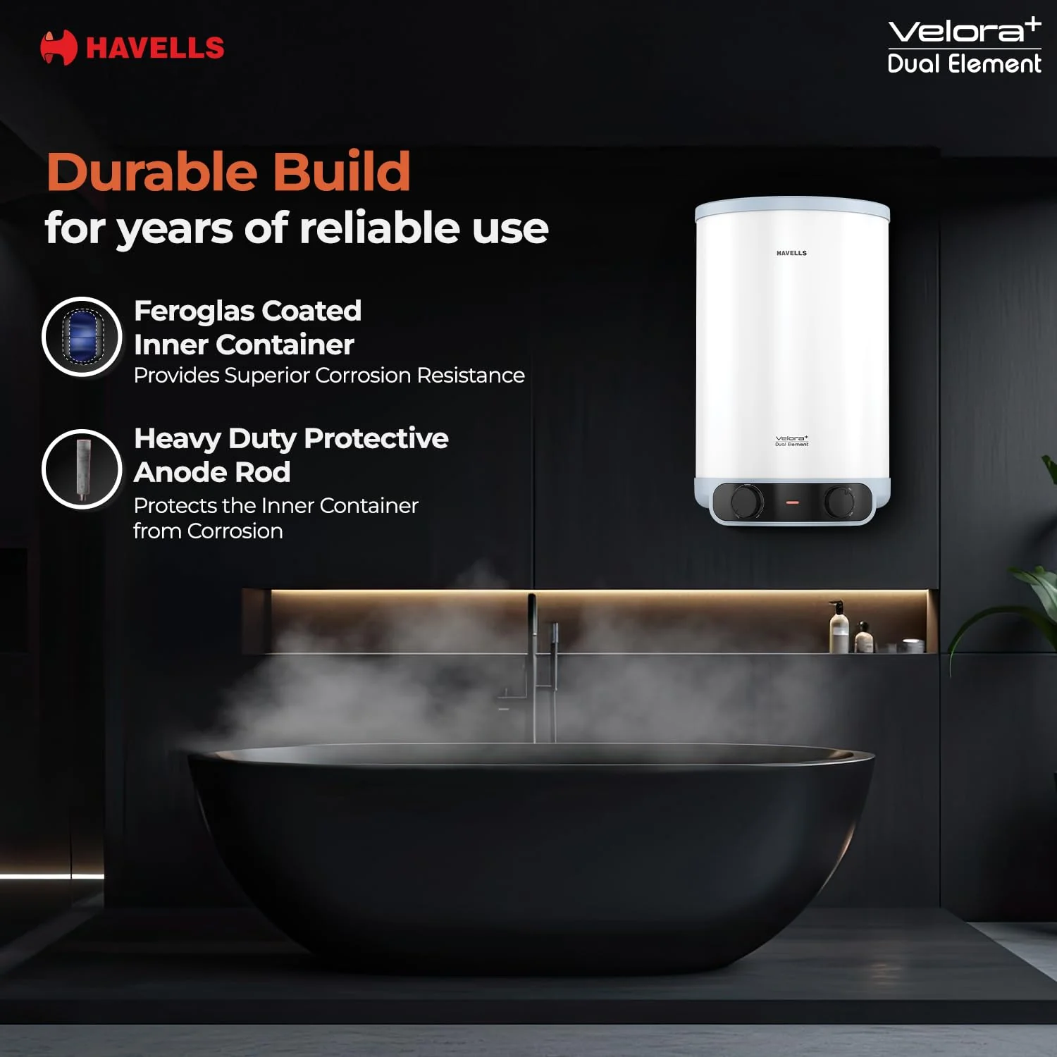Havells All New Velora+ 25L 5 Star 3-in-1 Convertible Storage Water Heater(Geyser)|Dual Element|33% Faster Heating|safe to use|7 Year Tank &amp; 5 Year element Warranty|Free Installation &amp; Flexi pipes - Image 8