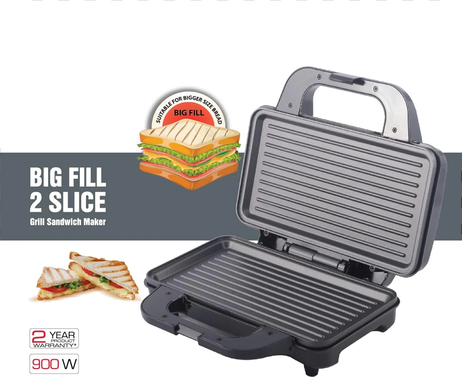 Havells Big Fill 900W 2 Slice Sandwich Maker Grill – Black - Image 2