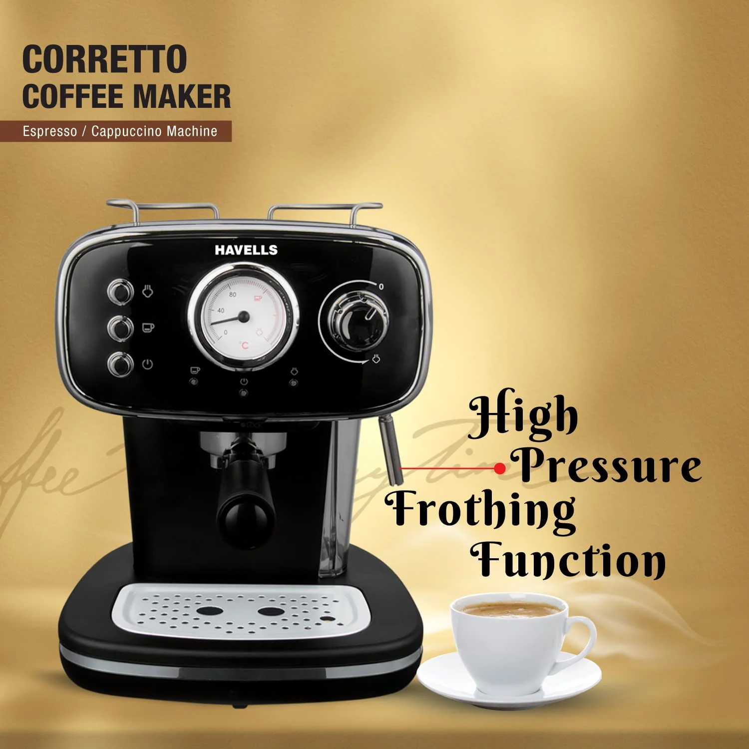 Havells Corretto Coffee Maker 1100W (GHBCMBAK110) | 15 Bar Espresso Machine with Frother, Thermometer Display & Twin Brewing - Image 4