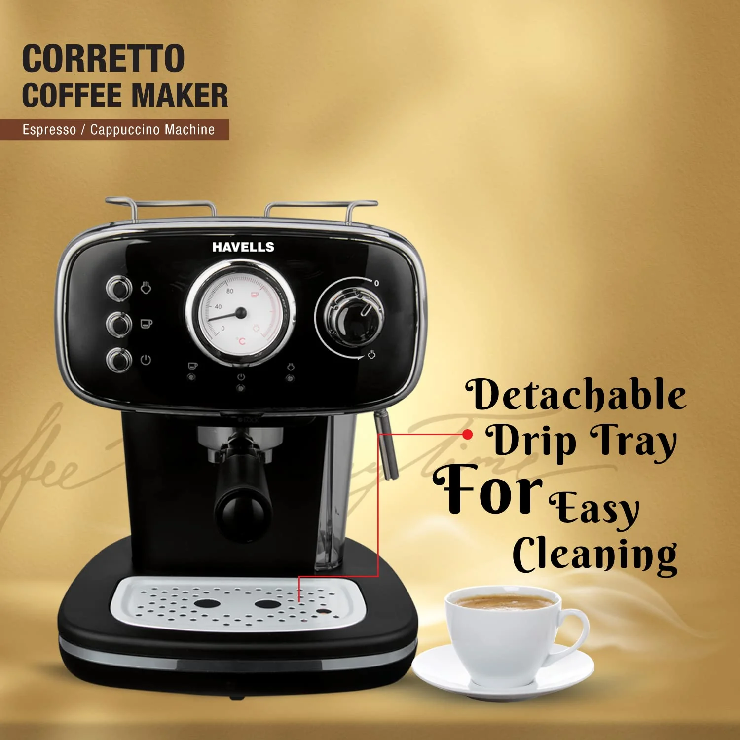 Havells Corretto Coffee Maker 1100W (GHBCMBAK110) | 15 Bar Espresso Machine with Frother, Thermometer Display & Twin Brewing - Image 5