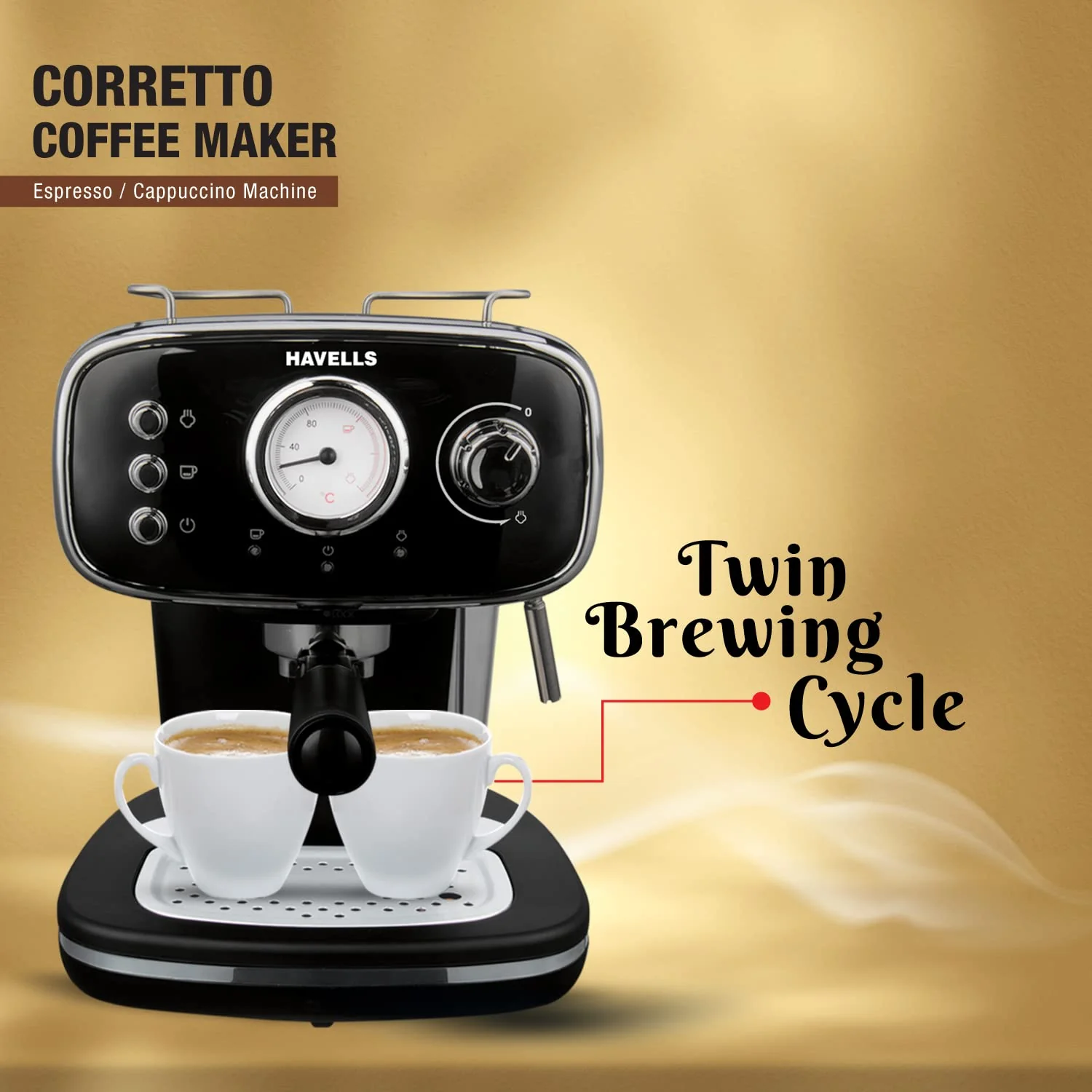 Havells Corretto Coffee Maker 1100W (GHBCMBAK110) | 15 Bar Espresso Machine with Frother, Thermometer Display & Twin Brewing - Image 7