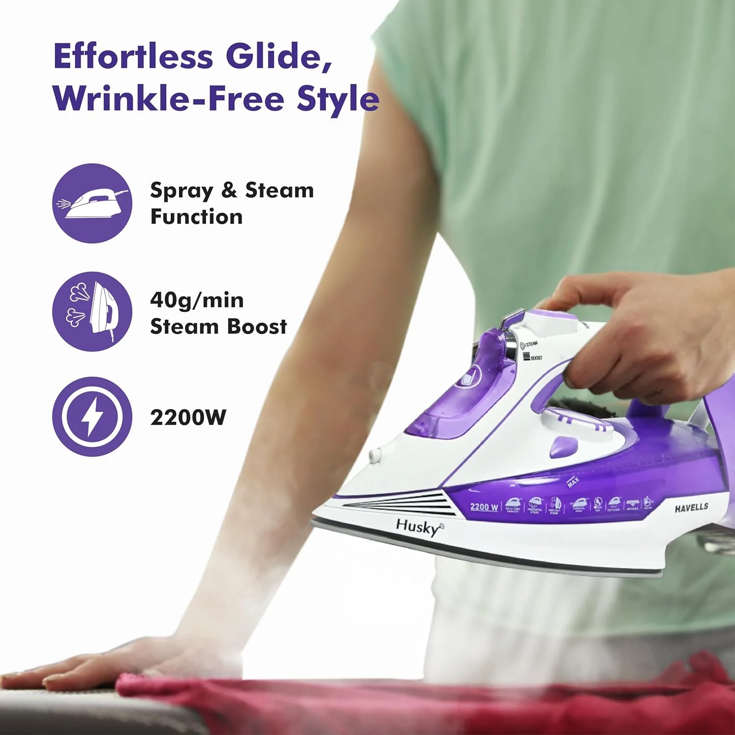 HAVELLS Husky 2200 W Steam Iron with Auto Shut Off, Steam Boost, Vertical, Horizontal Ironing, Anti Drip, Self-Cleaning & Anti Calc Technology (Purple) - Image 3