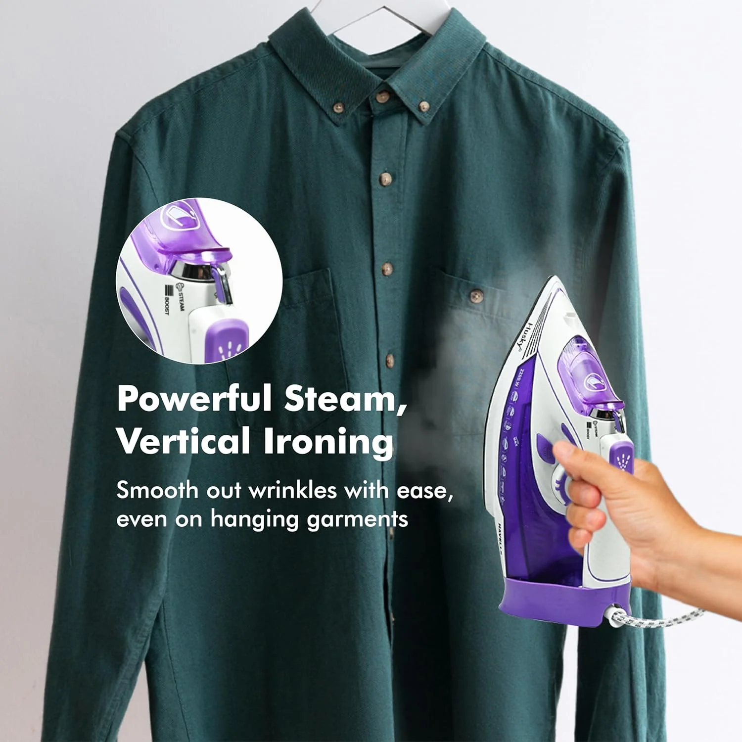 HAVELLS Husky 2200 W Steam Iron with Auto Shut Off, Steam Boost, Vertical, Horizontal Ironing, Anti Drip, Self-Cleaning & Anti Calc Technology (Purple) - Image 5