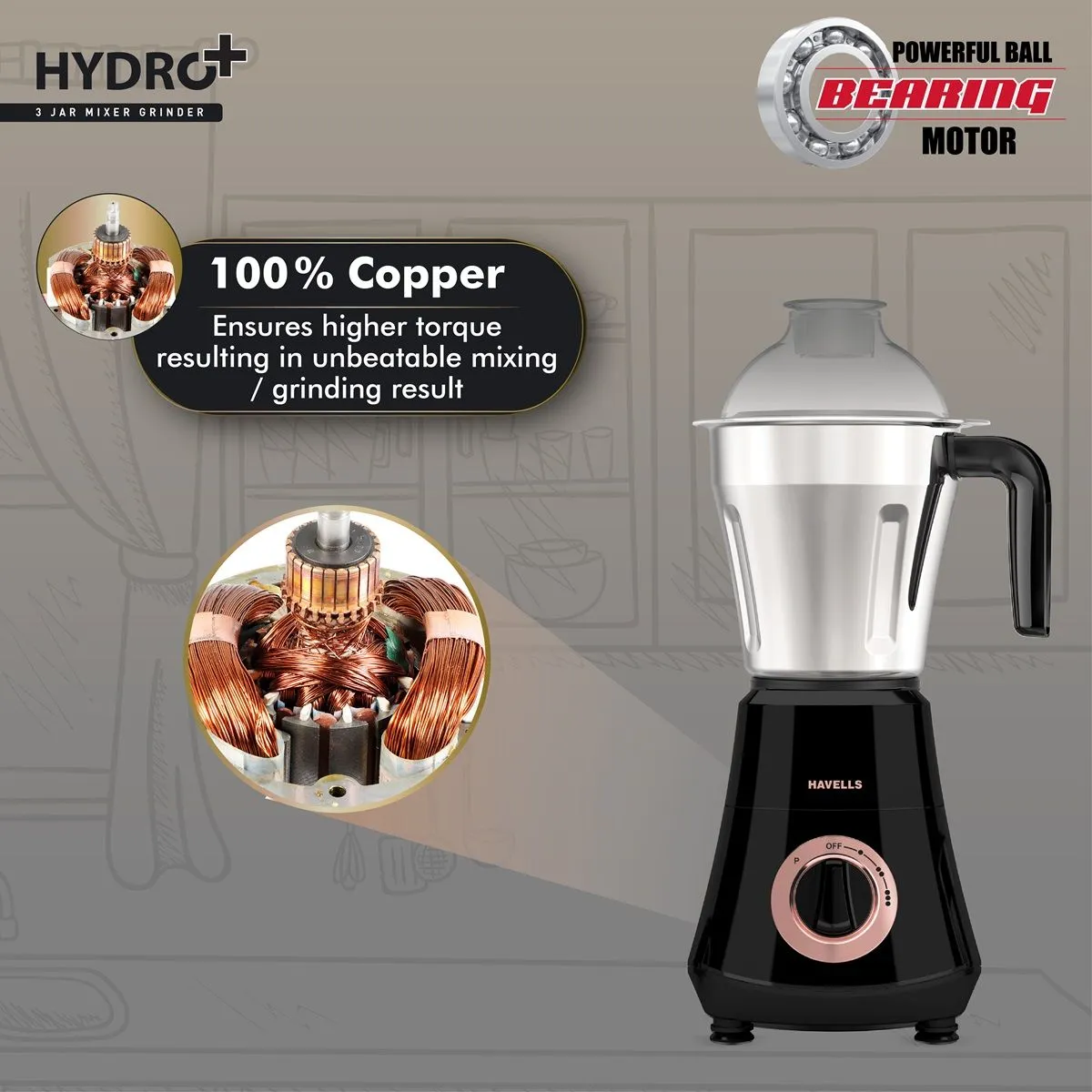Havells Hydro Plus 1000 Watt Mixer Grinder | 3 Stainless Steel Jars | 22000 RPM Ball Bearing Motor | Hands-Free Operation - Image 2