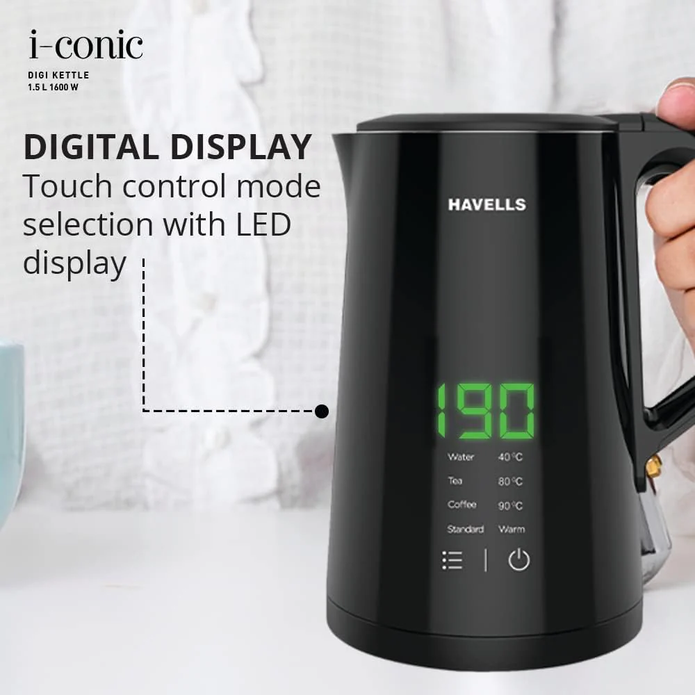 Havells I-Conic 1.5 Litre Digi Kettle With Double Wall And 304 Stainless Steel Tank (Black),1600 Watts - Image 3
