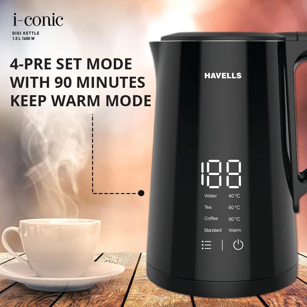 Havells I-Conic 1.5 Litre Digi Kettle With Double Wall And 304 Stainless Steel Tank (Black),1600 Watts - Image 5