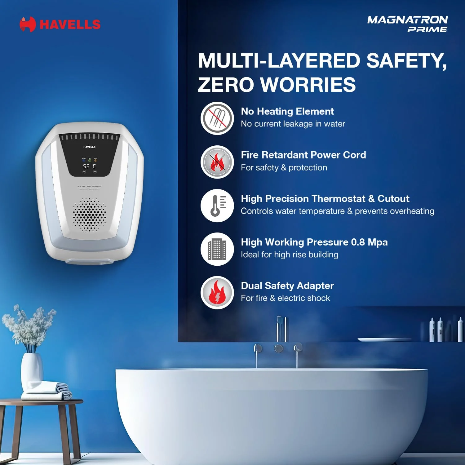 Havells Magnatron Prime 4S 15L Storage Water Heater (Geyser) | Induction Technology | Faster Heating | Hard Water Compatible - Image 6