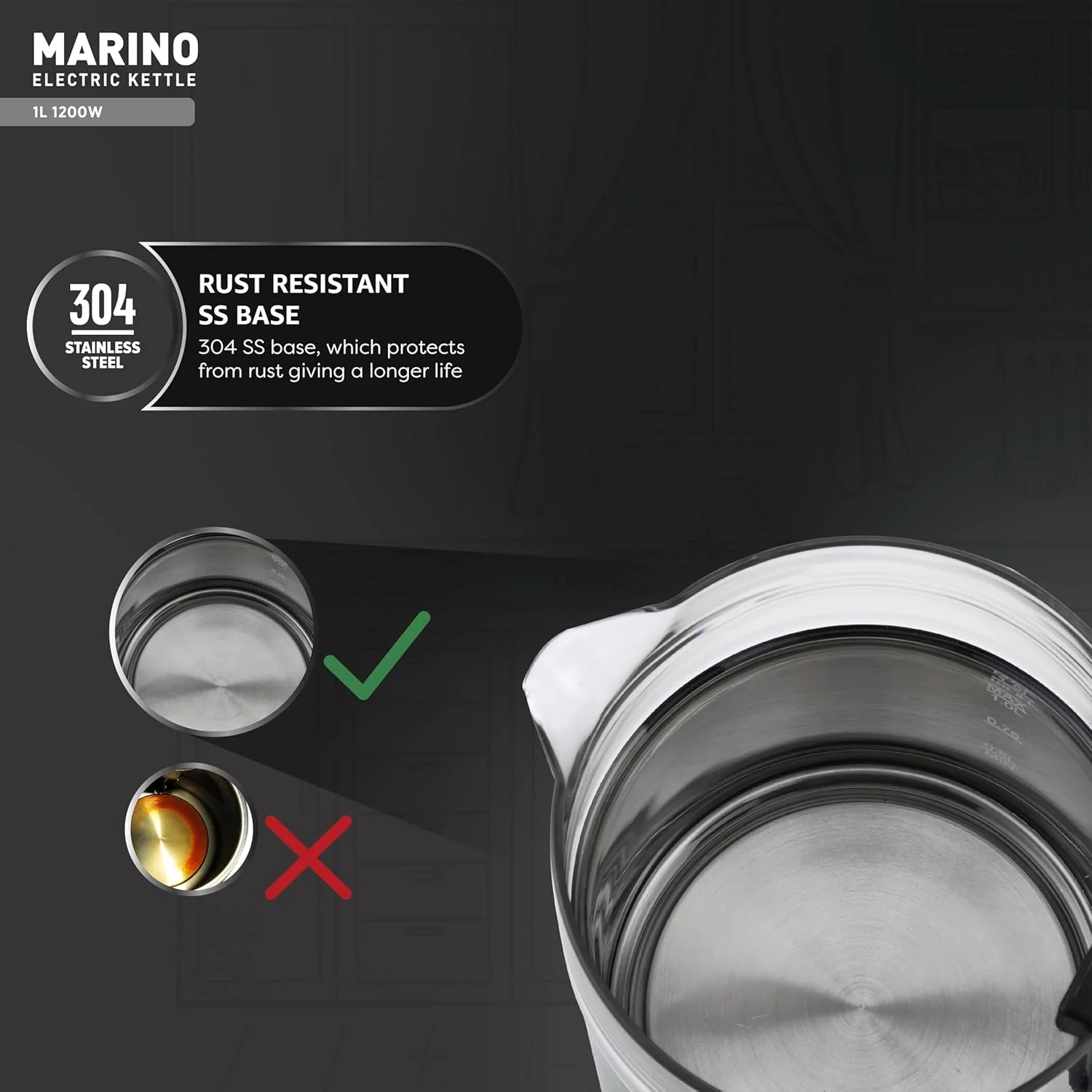 Havells Marino 1L Electric Kettle | 1200W Fast Boiling | Borosilicate Glass Inner Body - Image 3