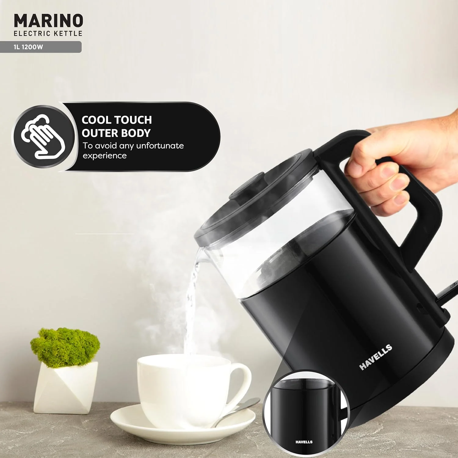 Havells Marino 1L Electric Kettle | 1200W Fast Boiling | Borosilicate Glass Inner Body - Image 4