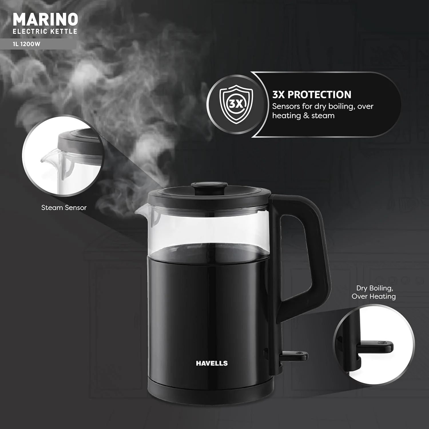 Havells Marino 1L Electric Kettle | 1200W Fast Boiling | Borosilicate Glass Inner Body - Image 5