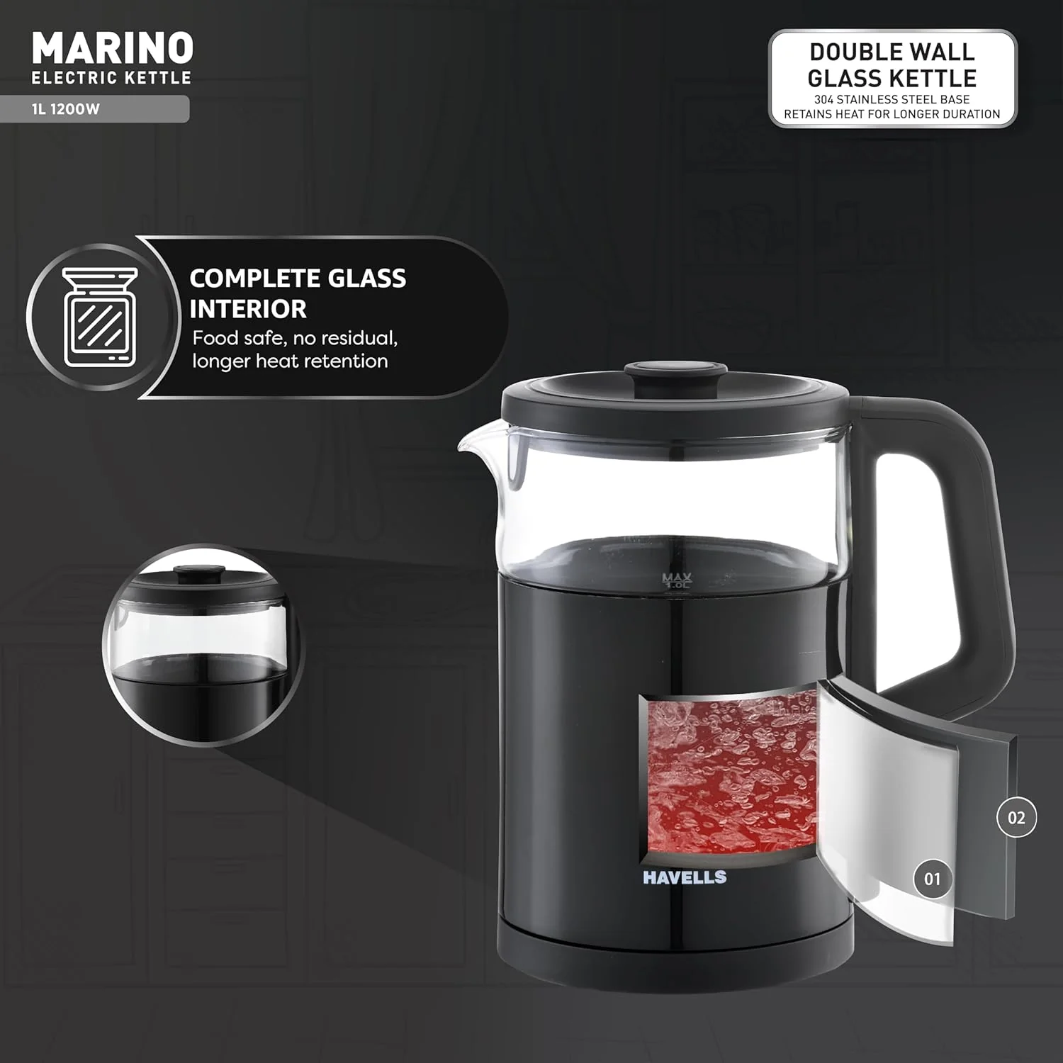 Havells Marino 1L Electric Kettle | 1200W Fast Boiling | Borosilicate Glass Inner Body - Image 7