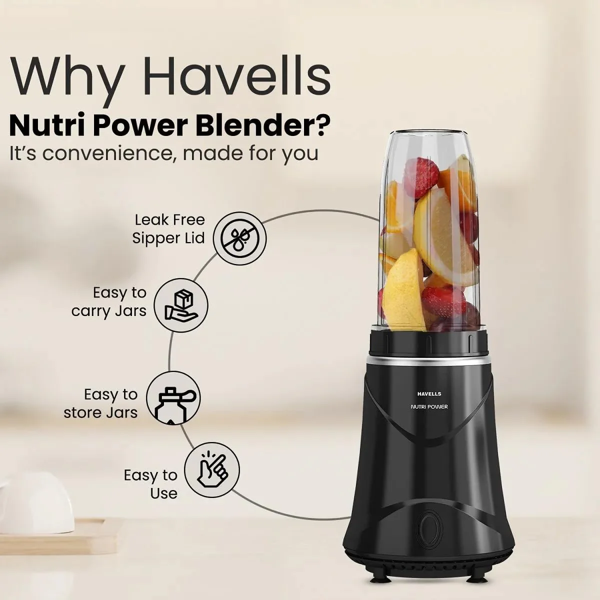 Havells Nutri Power Blender 350 Watt Mixer Grinder with Sipper Lid - Image 4