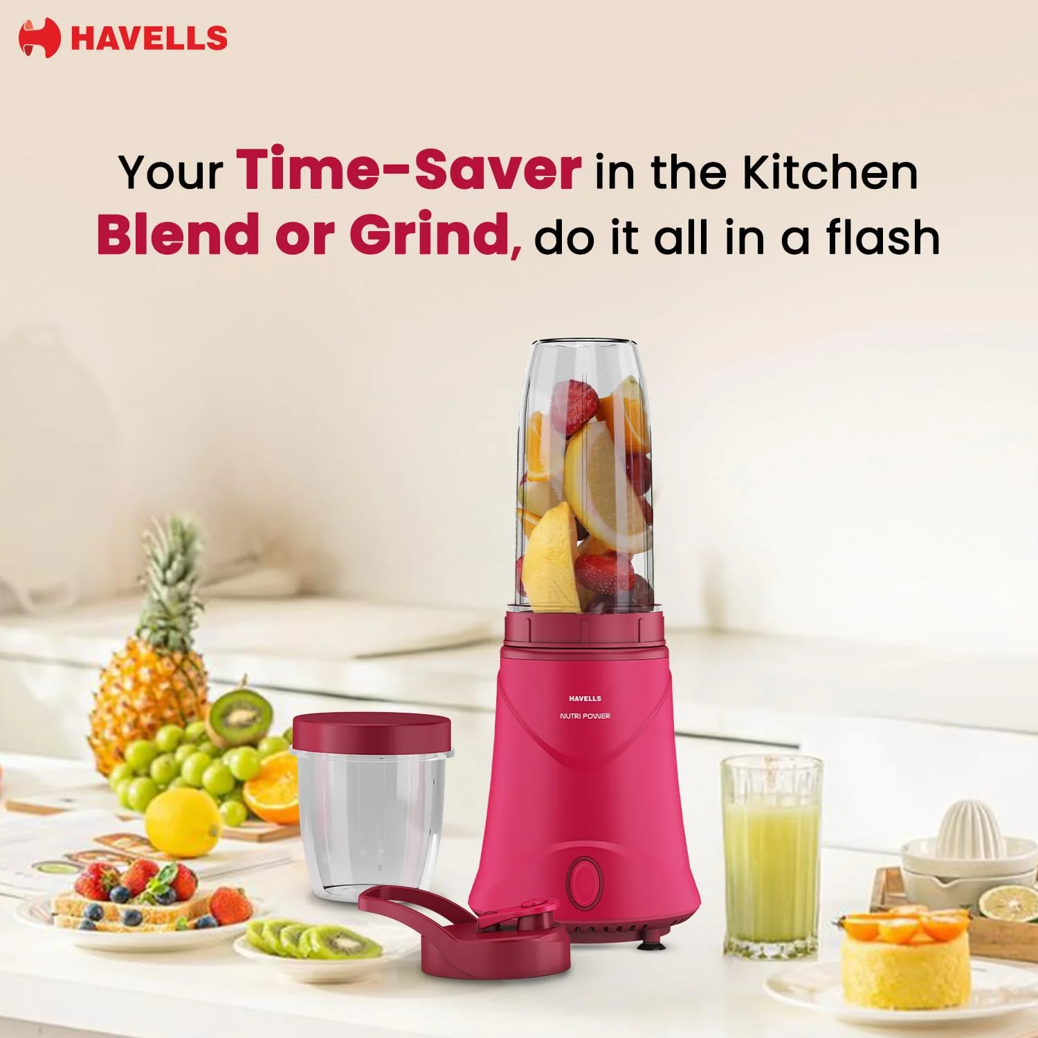 Havells Nutri Power Blender 350W Pink | 1-Speed Mixer Grinder with Sipper Lid - Image 2