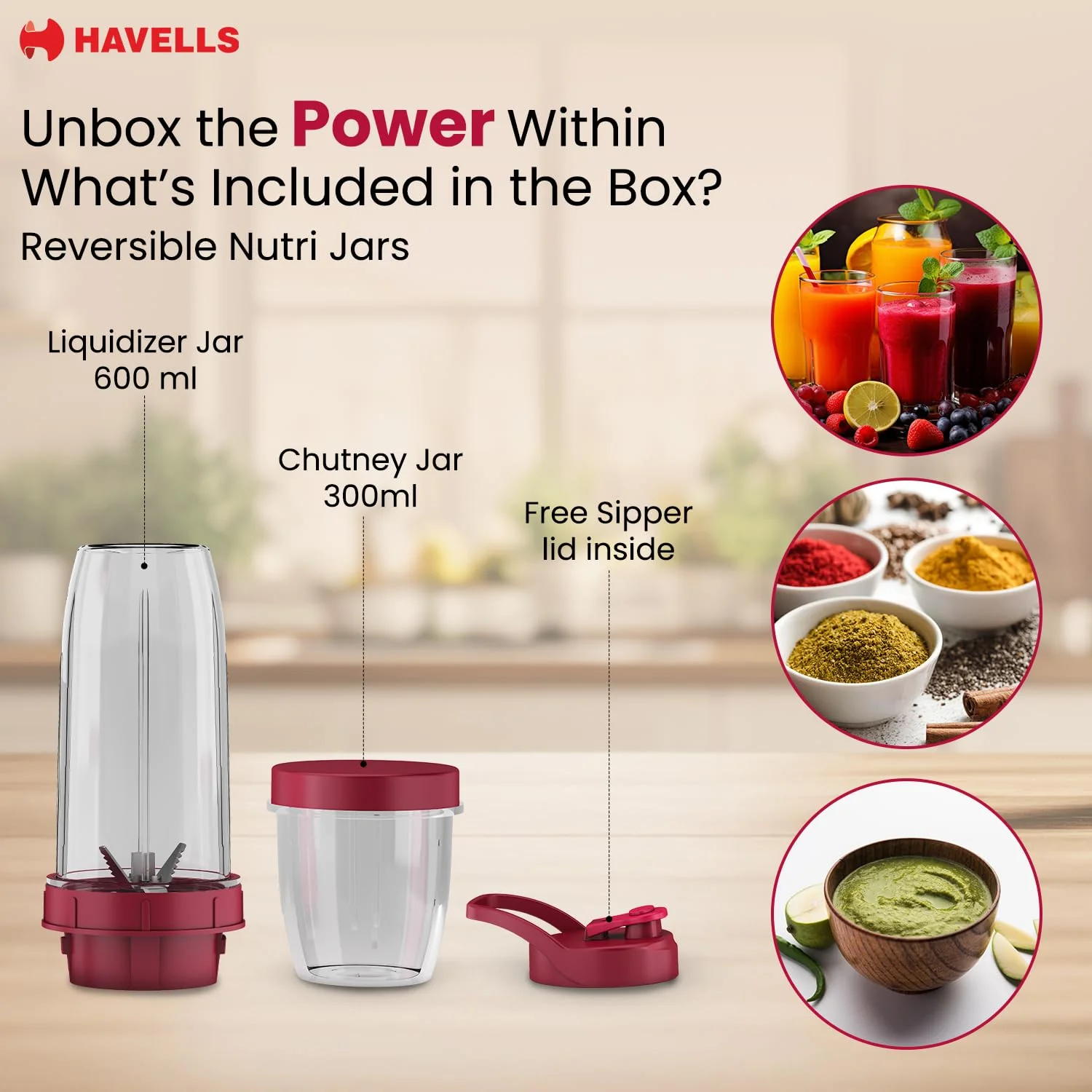 Havells Nutri Power Blender 350W Pink | 1-Speed Mixer Grinder with Sipper Lid - Image 3