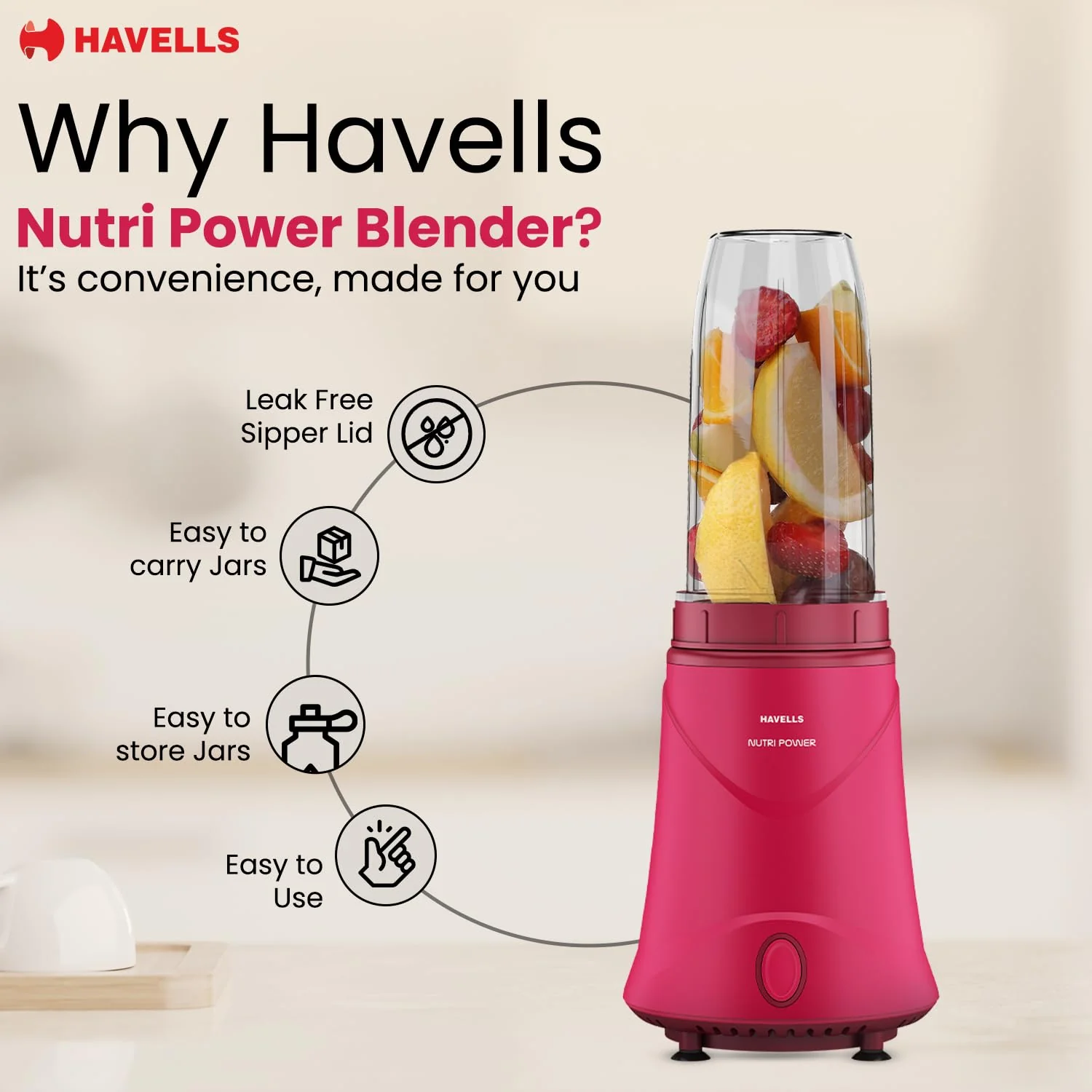 Havells Nutri Power Blender 350W Pink | 1-Speed Mixer Grinder with Sipper Lid - Image 4