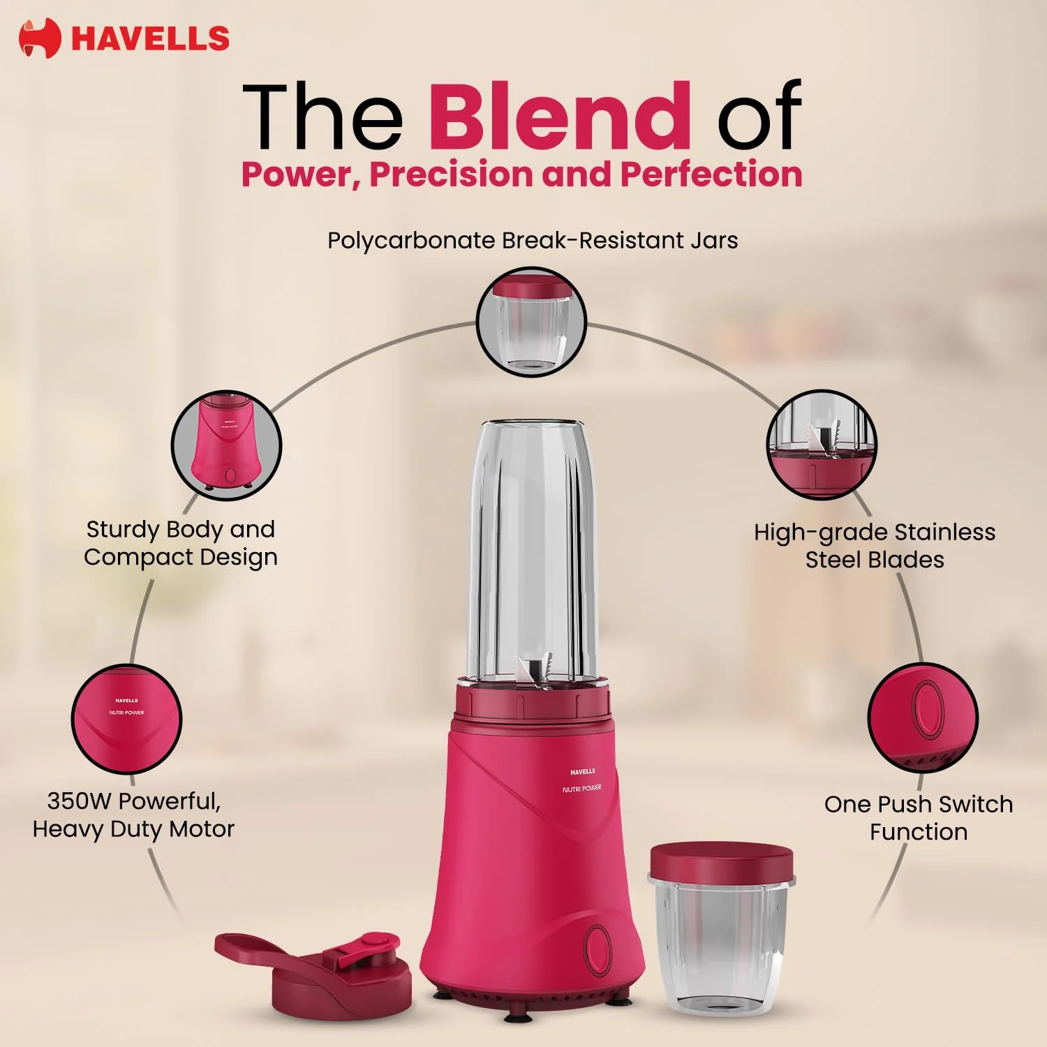 Havells Nutri Power Blender 350W Pink | 1-Speed Mixer Grinder with Sipper Lid - Image 5