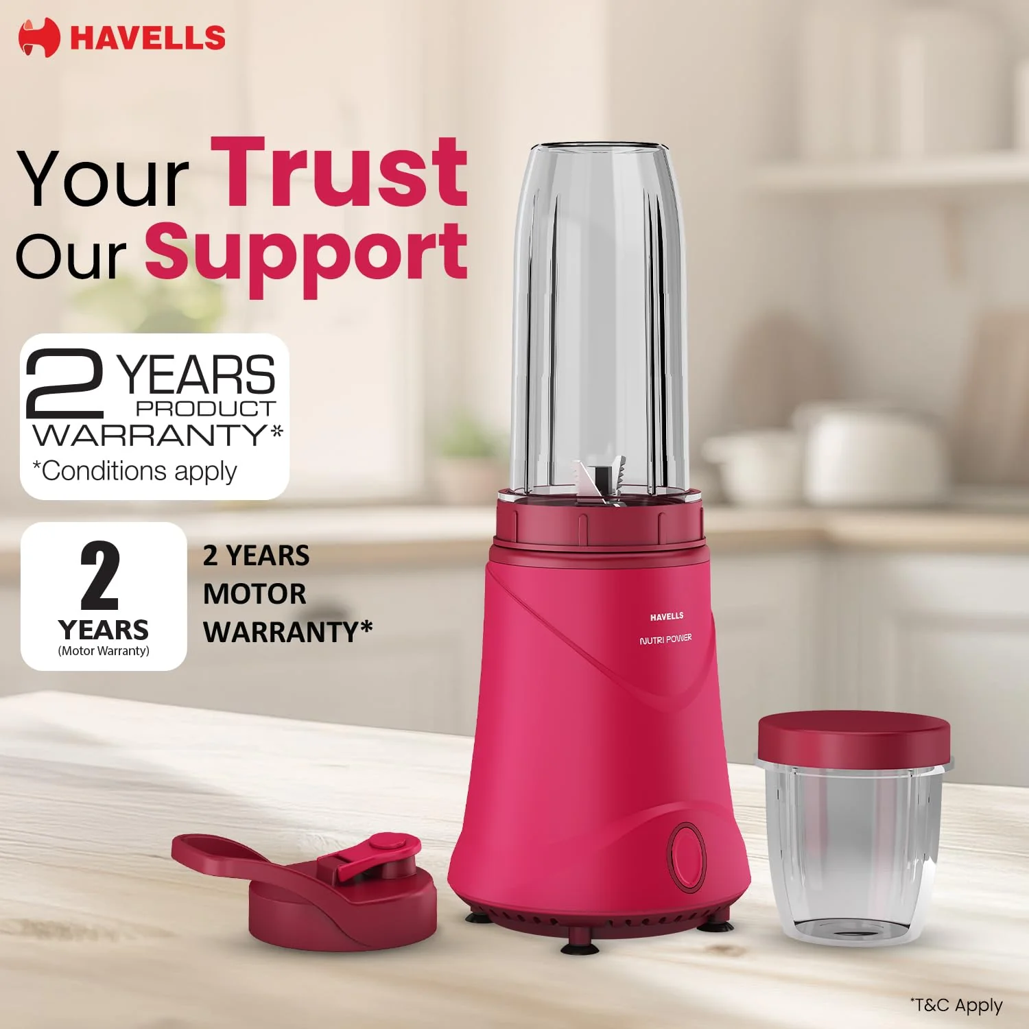 Havells Nutri Power Blender 350W Pink | 1-Speed Mixer Grinder with Sipper Lid - Image 7