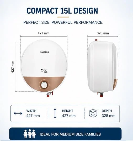 Havells Otto Prime 15L Storage Water Heater GHWVTTUMDW15 – Incoloy Heating Element, Feroglas Tank - Image 2