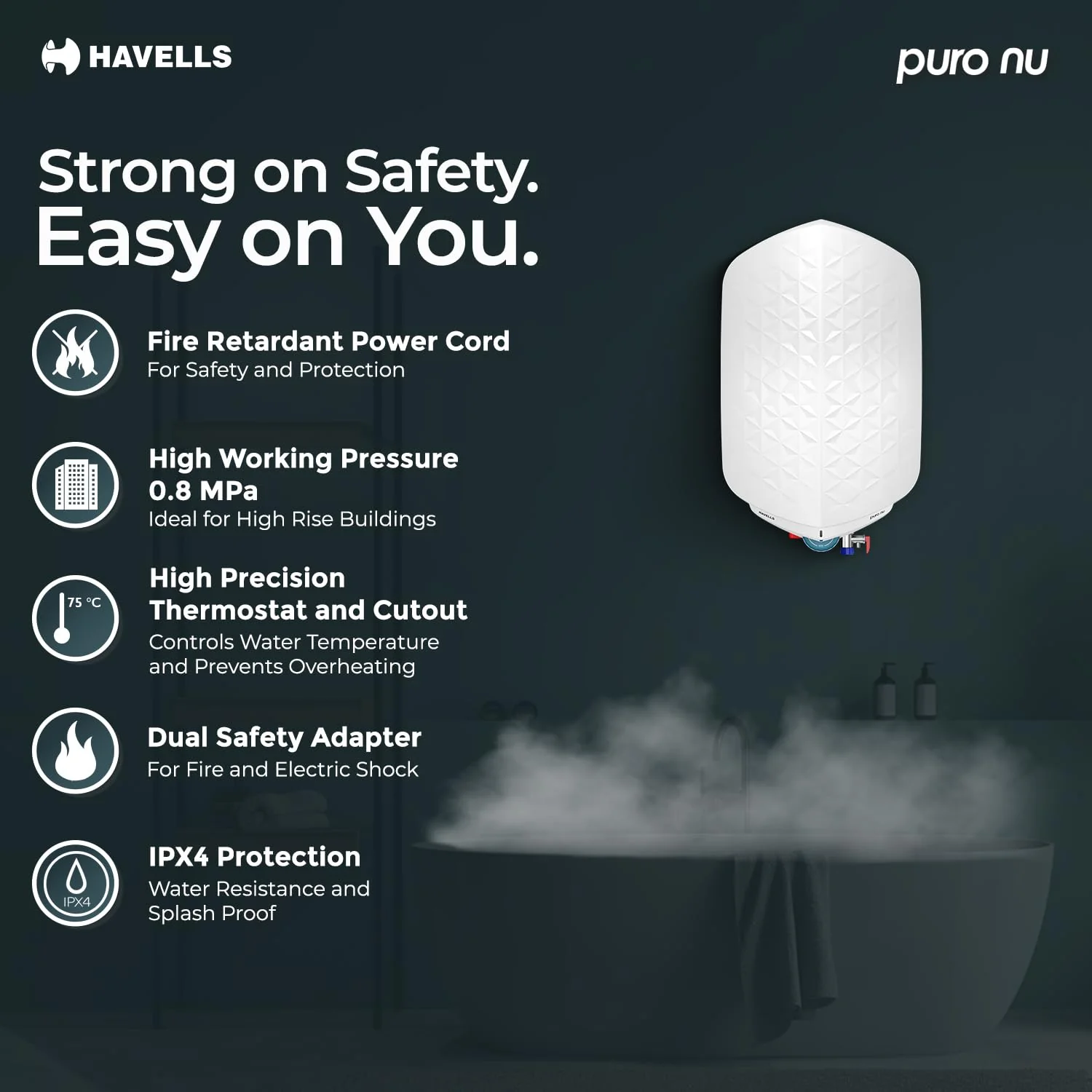 Havells Puro Nu 25L Storage Water Heater(Geyser)|Faster Heating|Safer to use|Saves electricity|Engineered for Hard Water|Glass Coated Anti Rust Tank|Mcoloy Heating Element|Jog Dial Temp. setting knob - Image 5