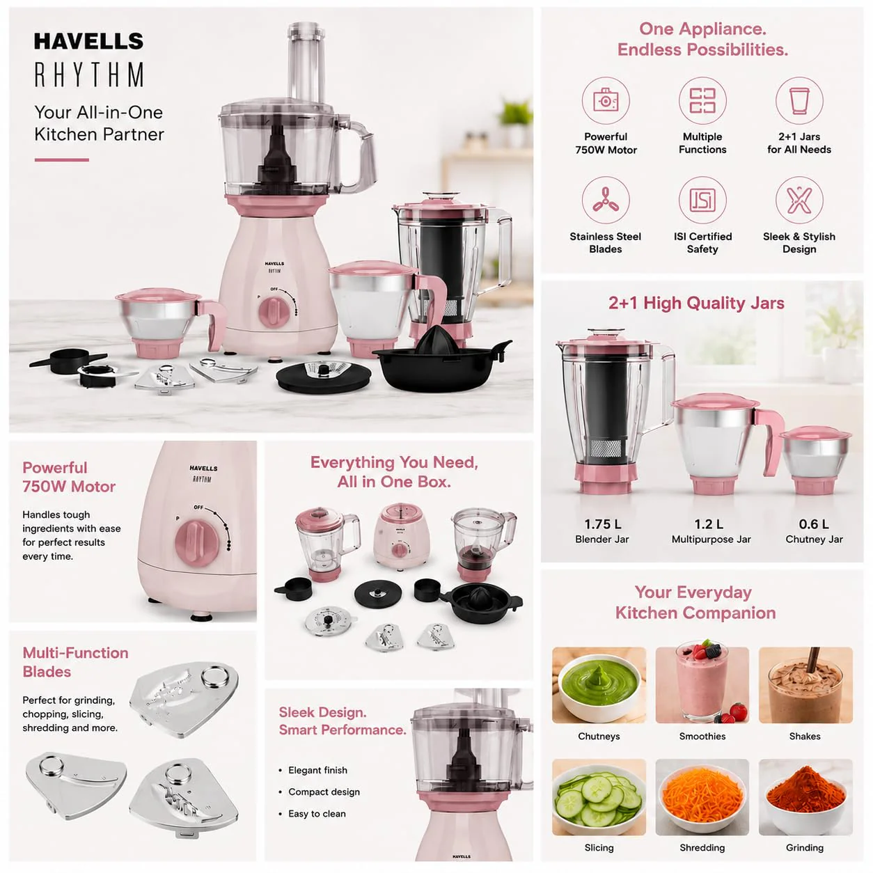 Havells Rhythm 750 Watt Mixer Grinder | 4 Jars with Food Processor Jar - Image 3