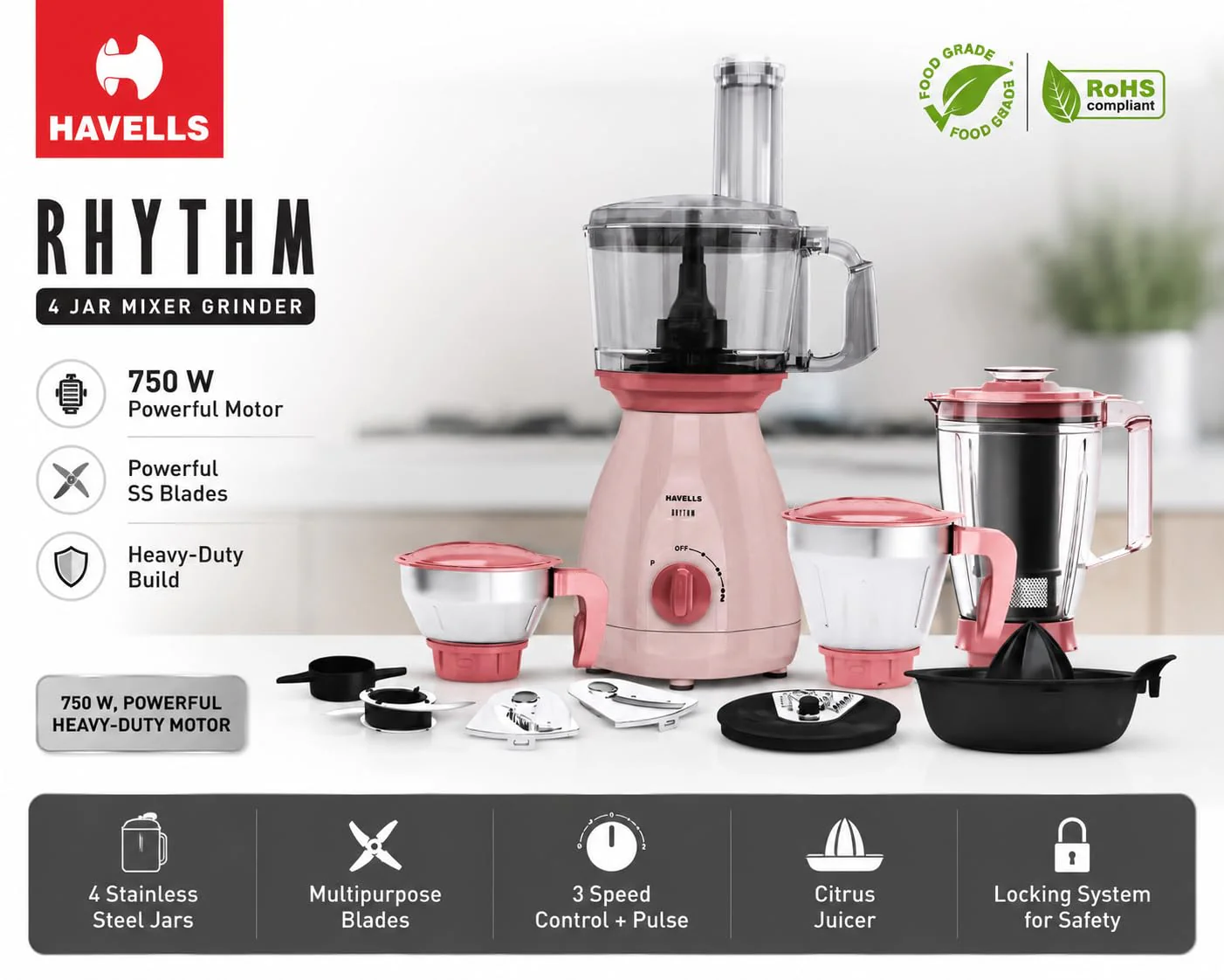 Havells Rhythm 750 Watt Mixer Grinder | 4 Jars with Food Processor Jar - Image 4