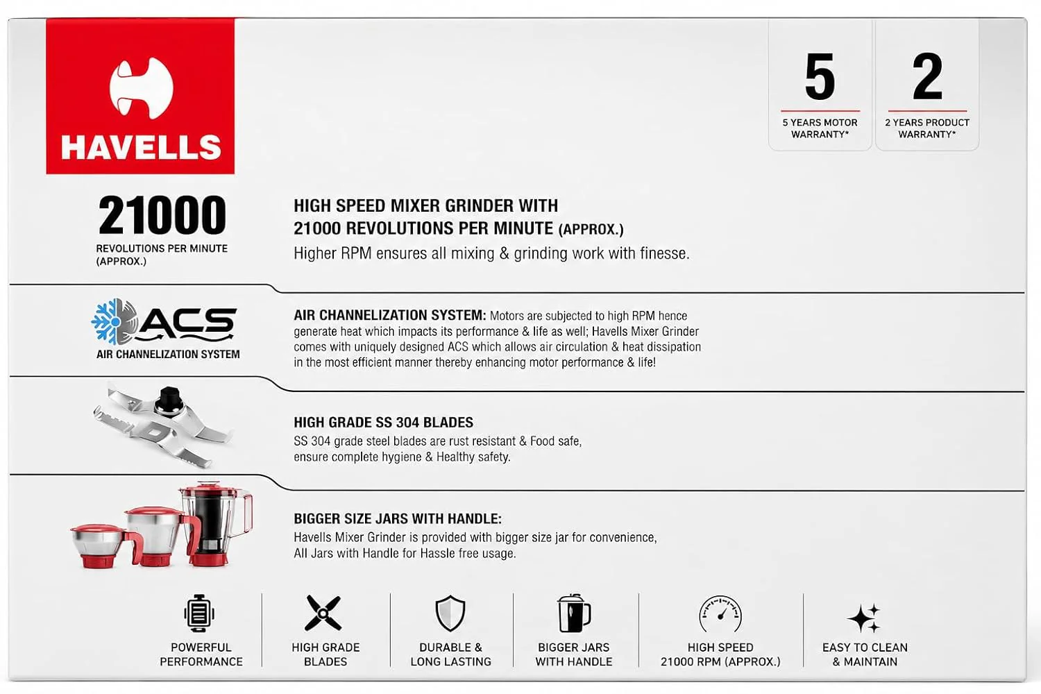 Havells Rhythm 750 Watt Mixer Grinder | 4 Jars with Food Processor Jar - Image 6