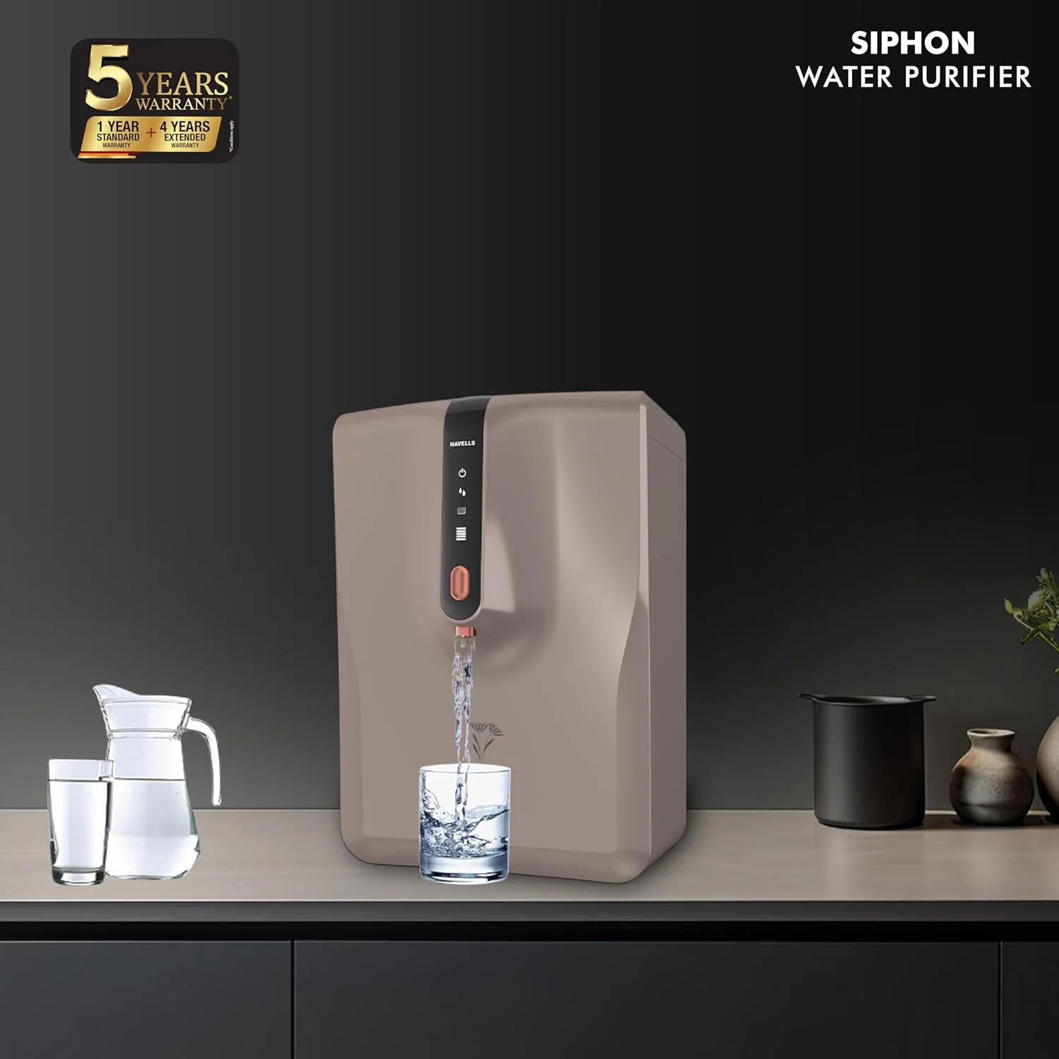 Havells Siphon Water Purifier | RO+UF | Copper+Zinc+Minerals |6.5L | Upto 2000 TDS | For Borewell, Tanker,Municipal Water Upto 2000 TDS