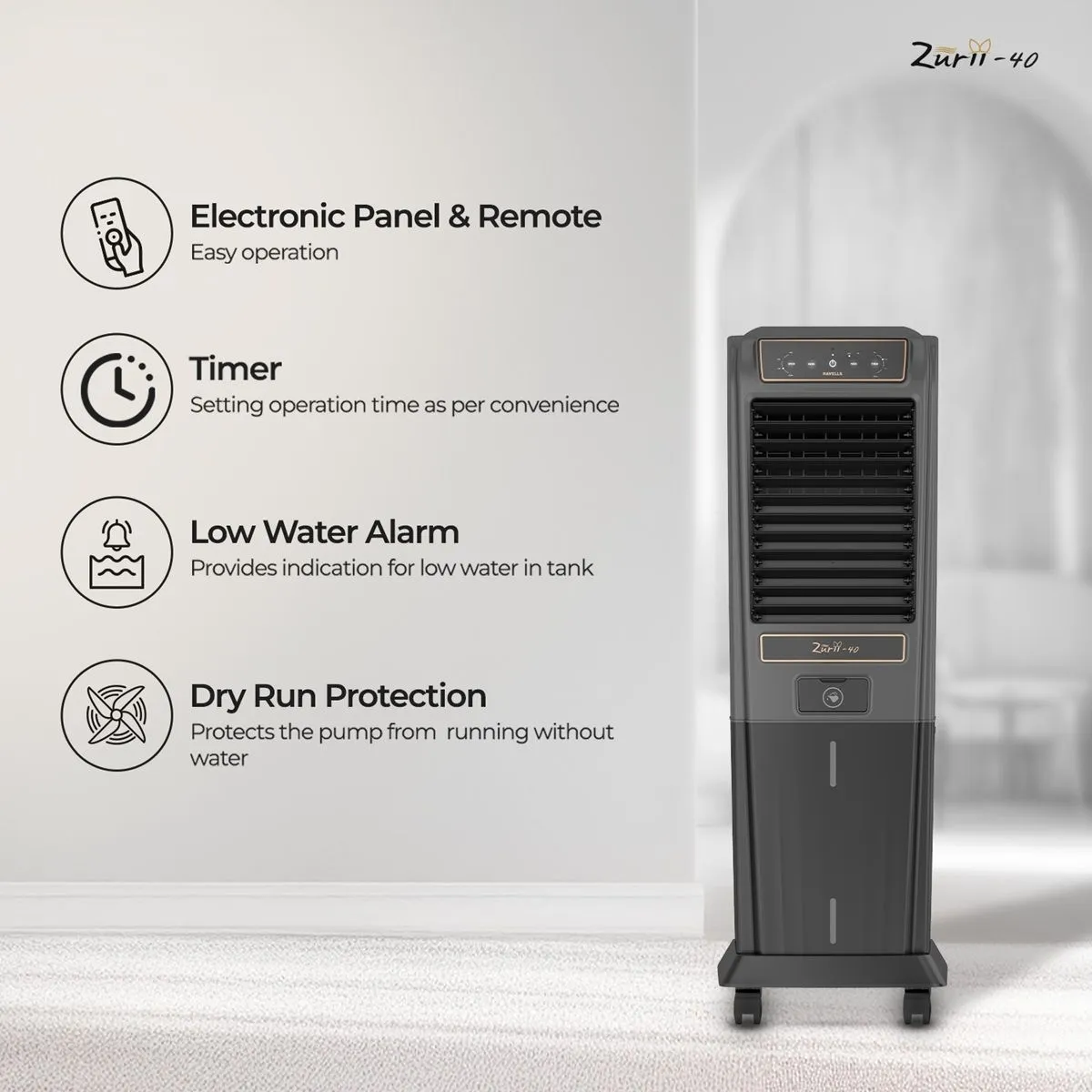 Havells Zurii 40 Litres Tower Air Cooler with Dust Filter Net (Low Water Alarm, Black & Grey) - Image 11