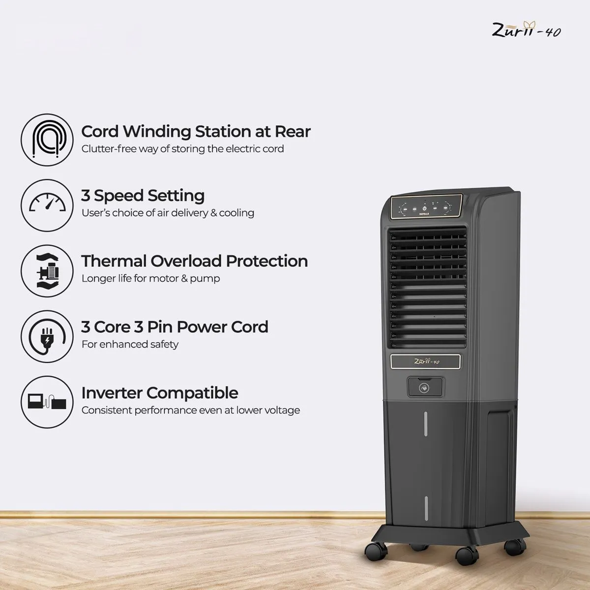 Havells Zurii 40 Litres Tower Air Cooler with Dust Filter Net (Low Water Alarm, Black & Grey) - Image 7