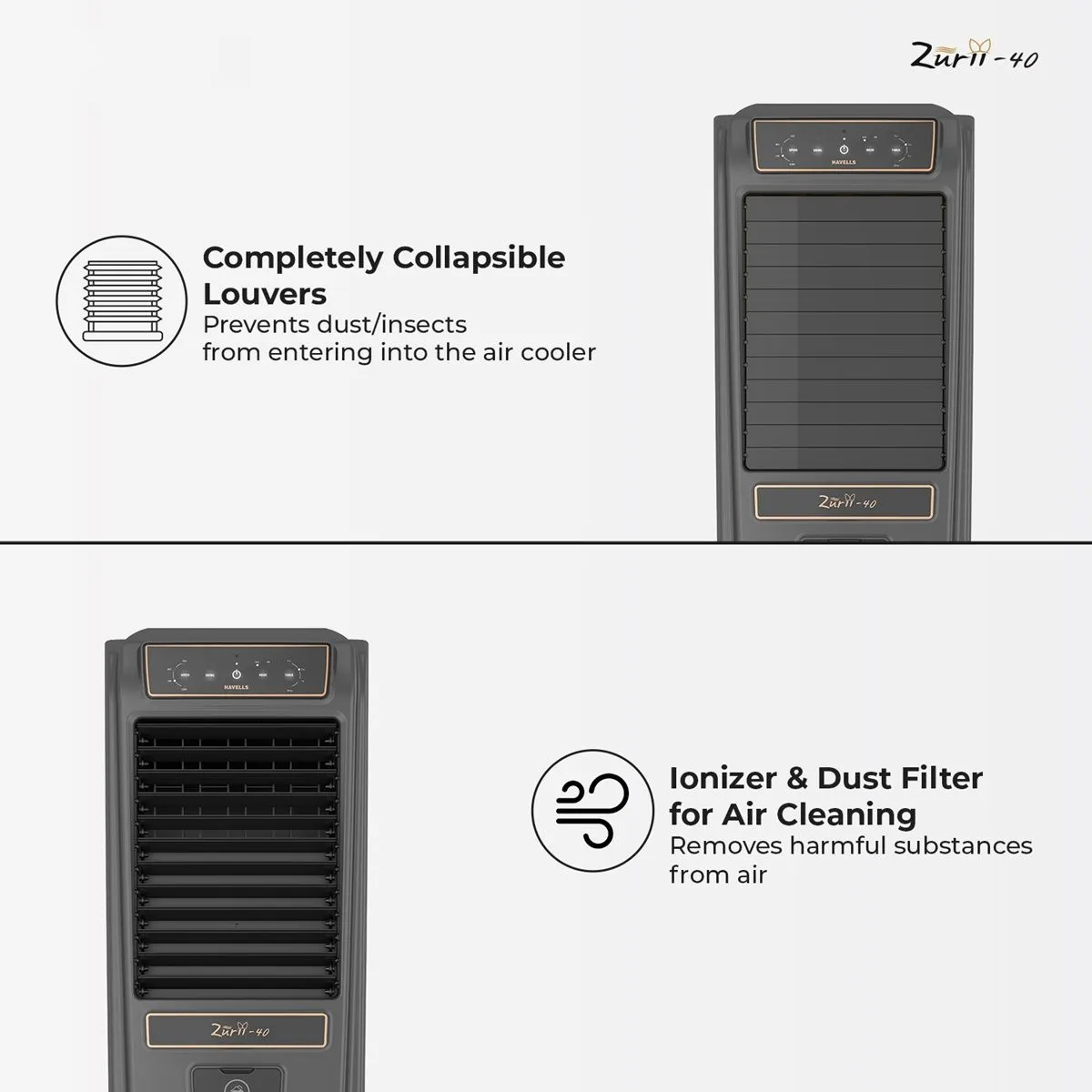 Havells Zurii 40 Litres Tower Air Cooler with Dust Filter Net (Low Water Alarm, Black & Grey) - Image 8