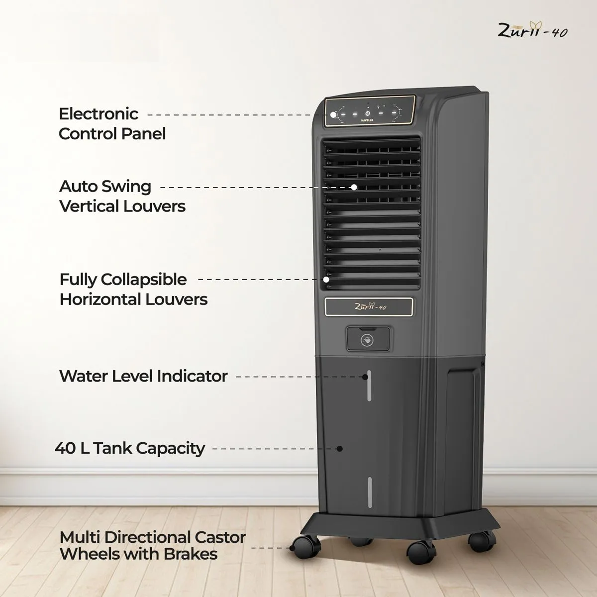 Havells Zurii 40 Litres Tower Air Cooler with Dust Filter Net (Low Water Alarm, Black & Grey) - Image 9