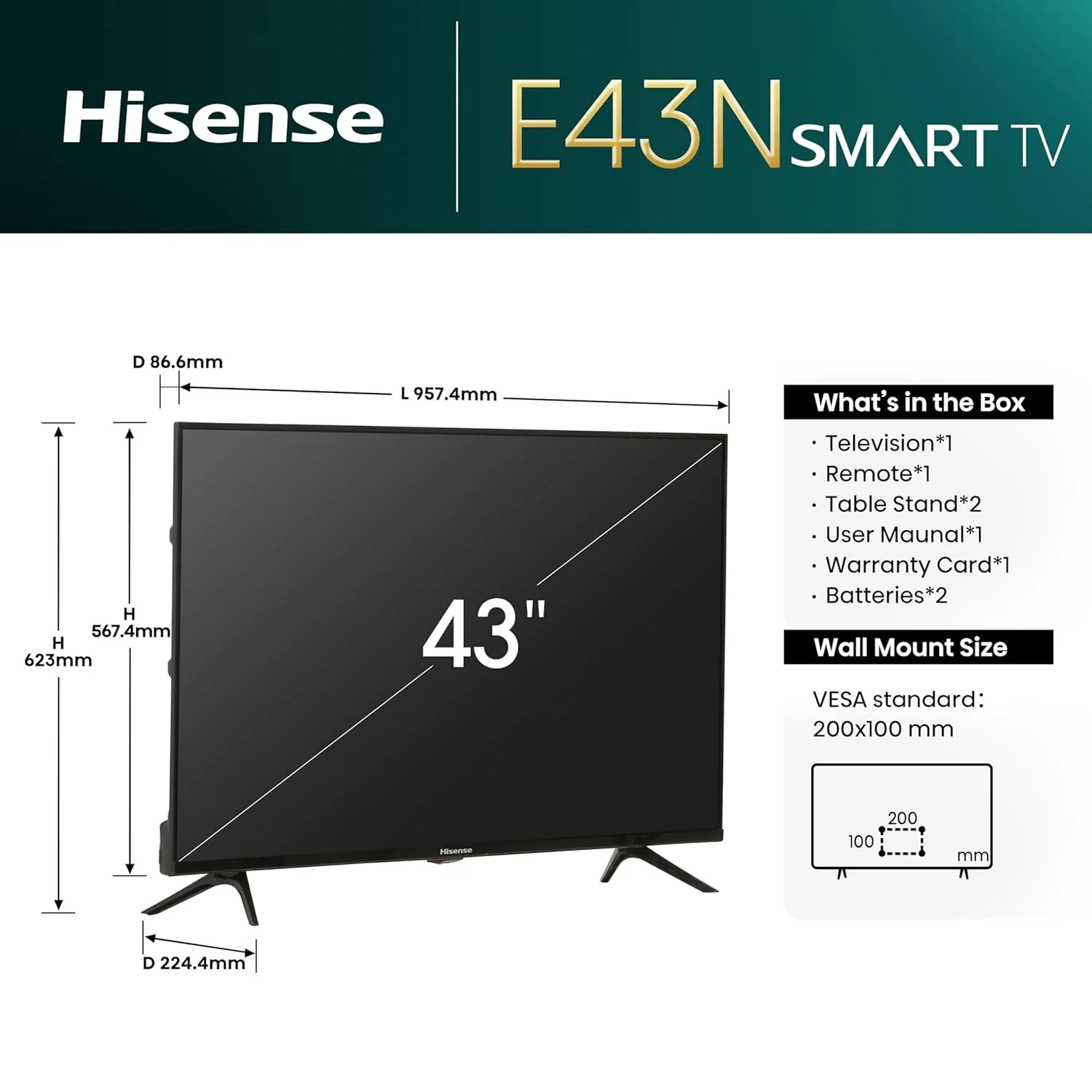 Hisense 108 cm (43 inches) E43N Series Full HD Smart Google LED TV 43E43N (Black) - Image 2