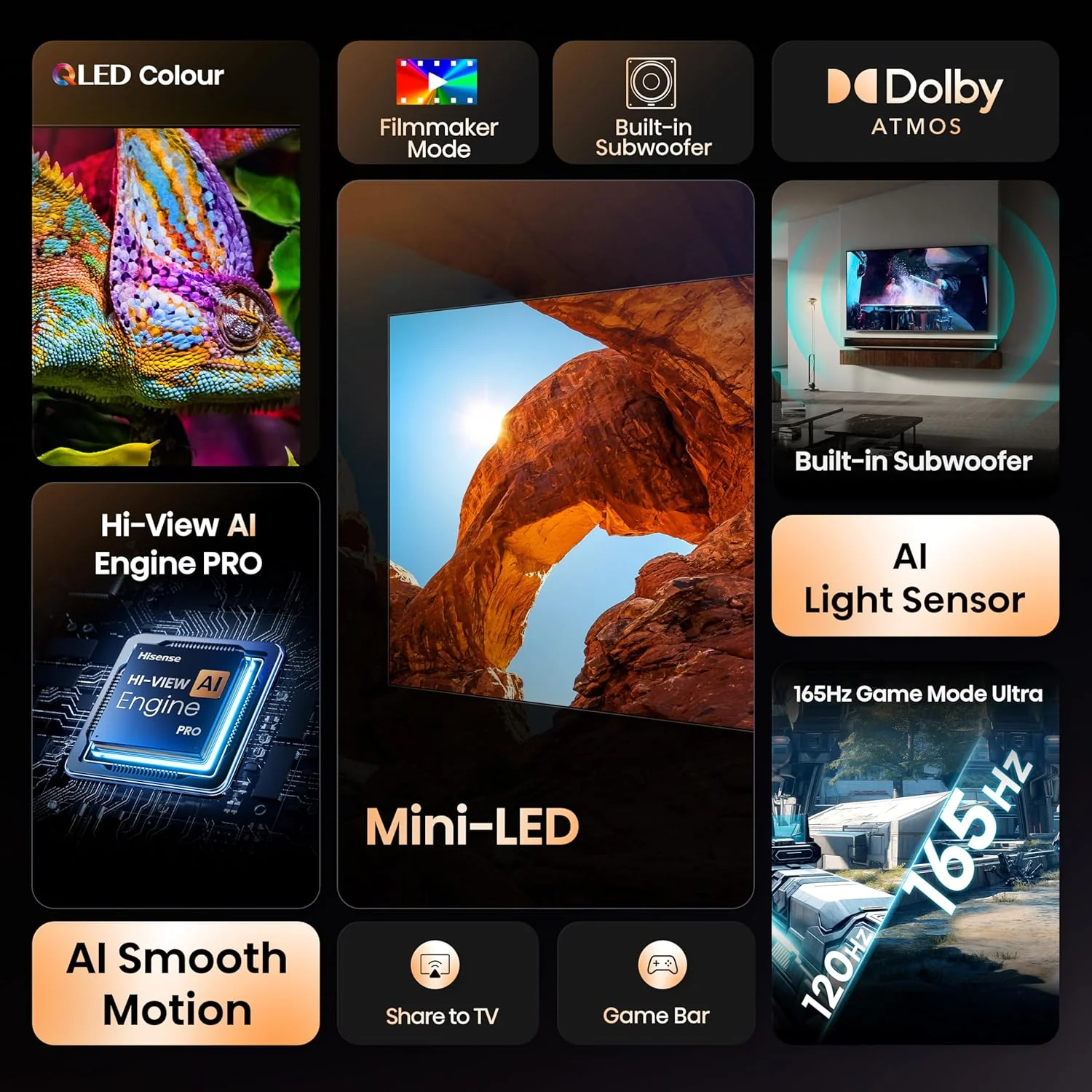 Hisense 253 cm (100 Inches) 4K QLED Mini-LED Smart TV | 1000 NITS Peak Brightness | 165Hz Game Mode | Dolby Vision, Dolby Atmos | 2.1 CH 50W Speakers (Built-in Subwoofer) | VIDAA OS | 100U7Q (Black) - Image 3