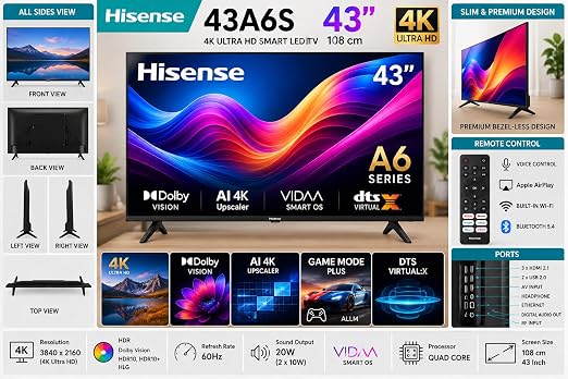 Hisense 43A6S 43 Inch 4K Ultra HD Smart LED TV, Dolby Vision, AI 4K Upscaler, VIDAA Smart OS - Image 2