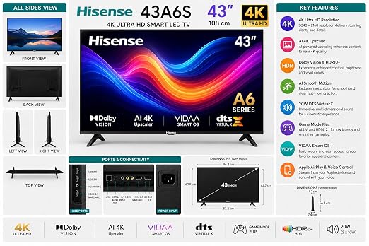 Hisense 43A6S 43 Inch 4K Ultra HD Smart LED TV, Dolby Vision, AI 4K Upscaler, VIDAA Smart OS - Image 3