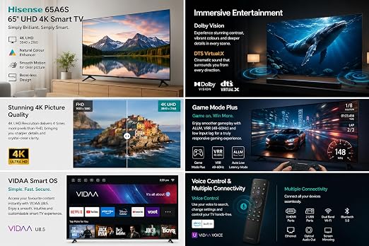 Hisense 65A6S 65 Inch 4K Ultra HD Smart LED TV, Dolby Vision, AI 4K Upscaler, VIDAA U9 OS - Image 2