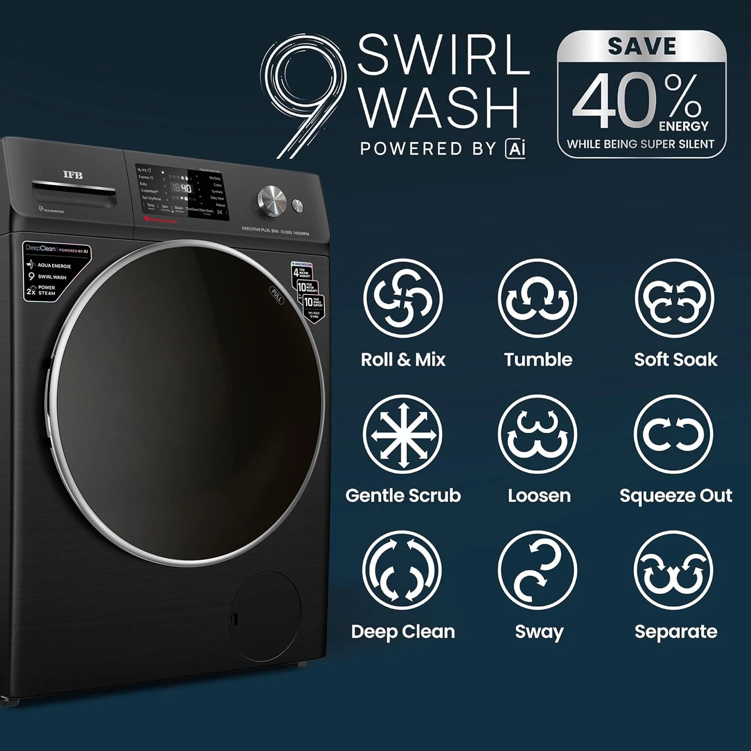 IFB 10 Kg 5 Star, DeepClean®, AI Powered, WiFi, Fully Automatic Front Load Washing Machine (EXECUTIVE PLUS BXN 1014KH, PowerSteam®, 9 Swirl, Steam Refresh, Inbuilt Heater, Eco Inverter, Black VCM) - Image 8