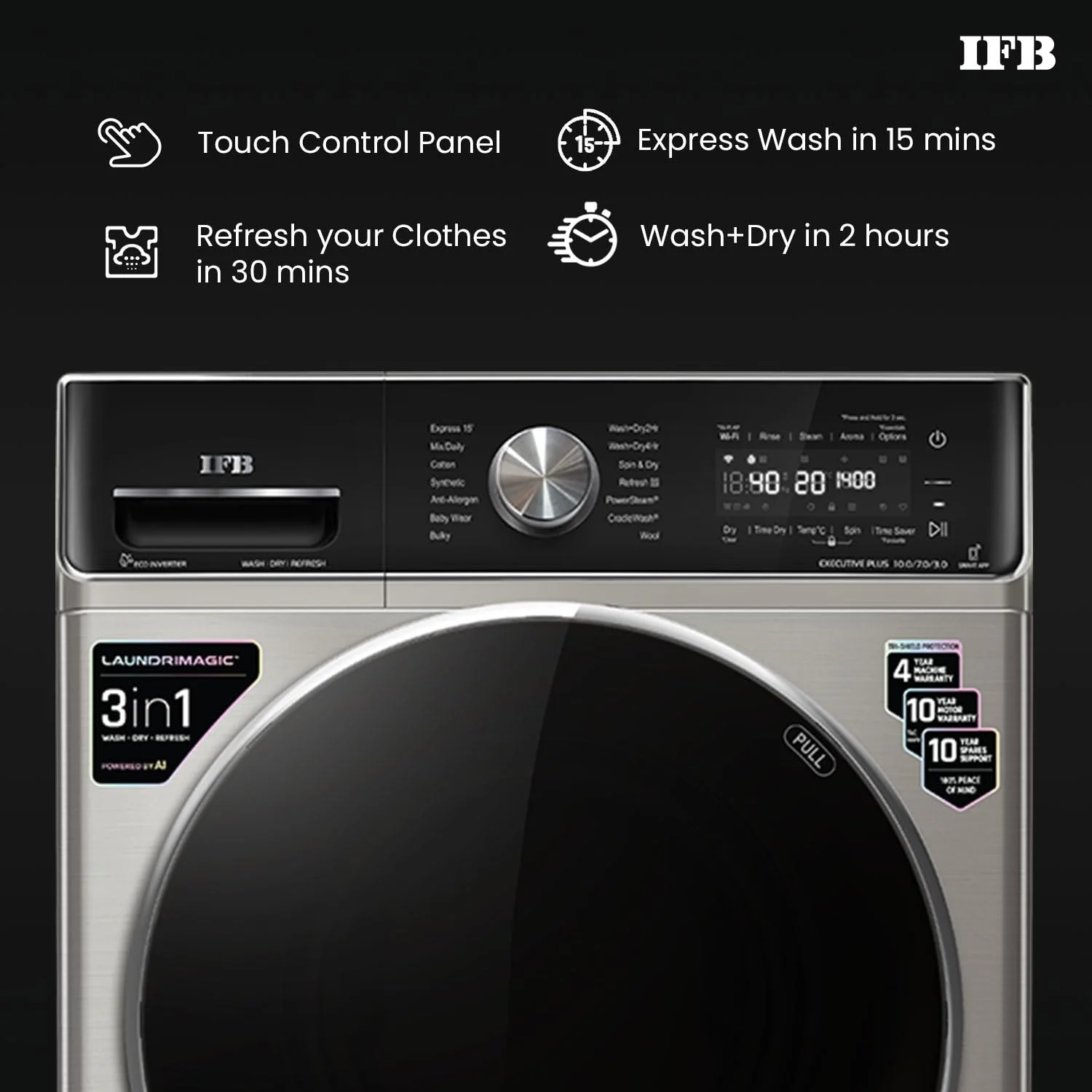 IFB 10 Kg/7 Kg/3 Kg 3-in-1, AI Powered, Fully Automatic Washer Dryer Refresher (IFB Laundrimagic®, EXECUTIVE PLUS ZXV, 9 Swirl Wash, Eco Inverter Technology, SUS VCM) - Image 3