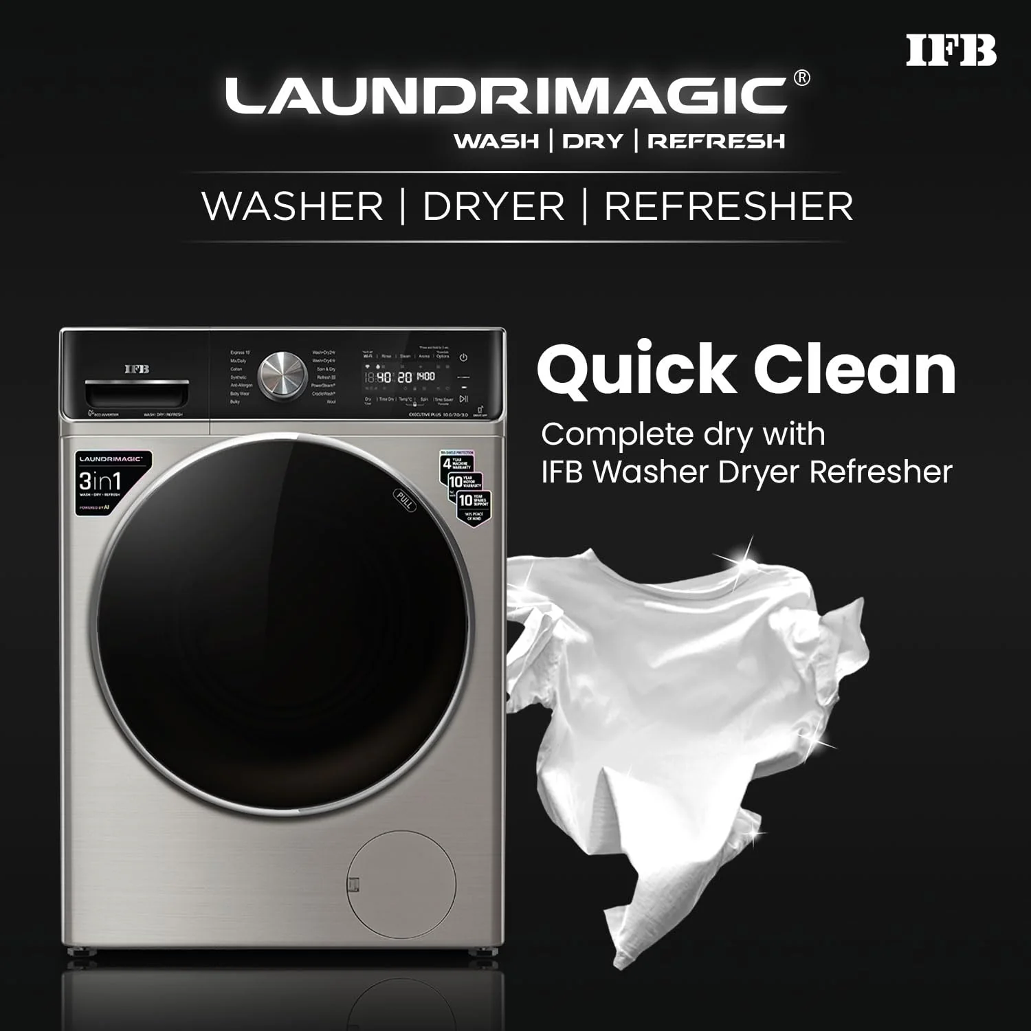 IFB 10 Kg/7 Kg/3 Kg 3-in-1, AI Powered, Fully Automatic Washer Dryer Refresher (IFB Laundrimagic®, EXECUTIVE PLUS ZXV, 9 Swirl Wash, Eco Inverter Technology, SUS VCM) - Image 6