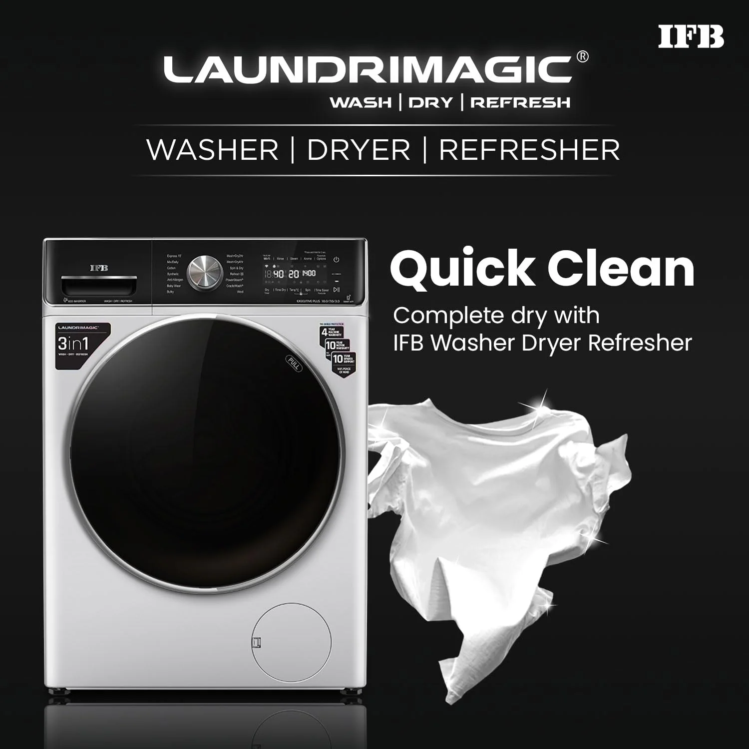 IFB 10 Kg/7 Kg/3 Kg 3-in-1, AI Powered, Fully Automatic Washer Dryer Refresher (IFB Laundrimagic®, EXECUTIVE PLUS ZXS 10/7/3, 9 Swirl Wash, Eco Inverter Technology, Rich Silver) - Image 3