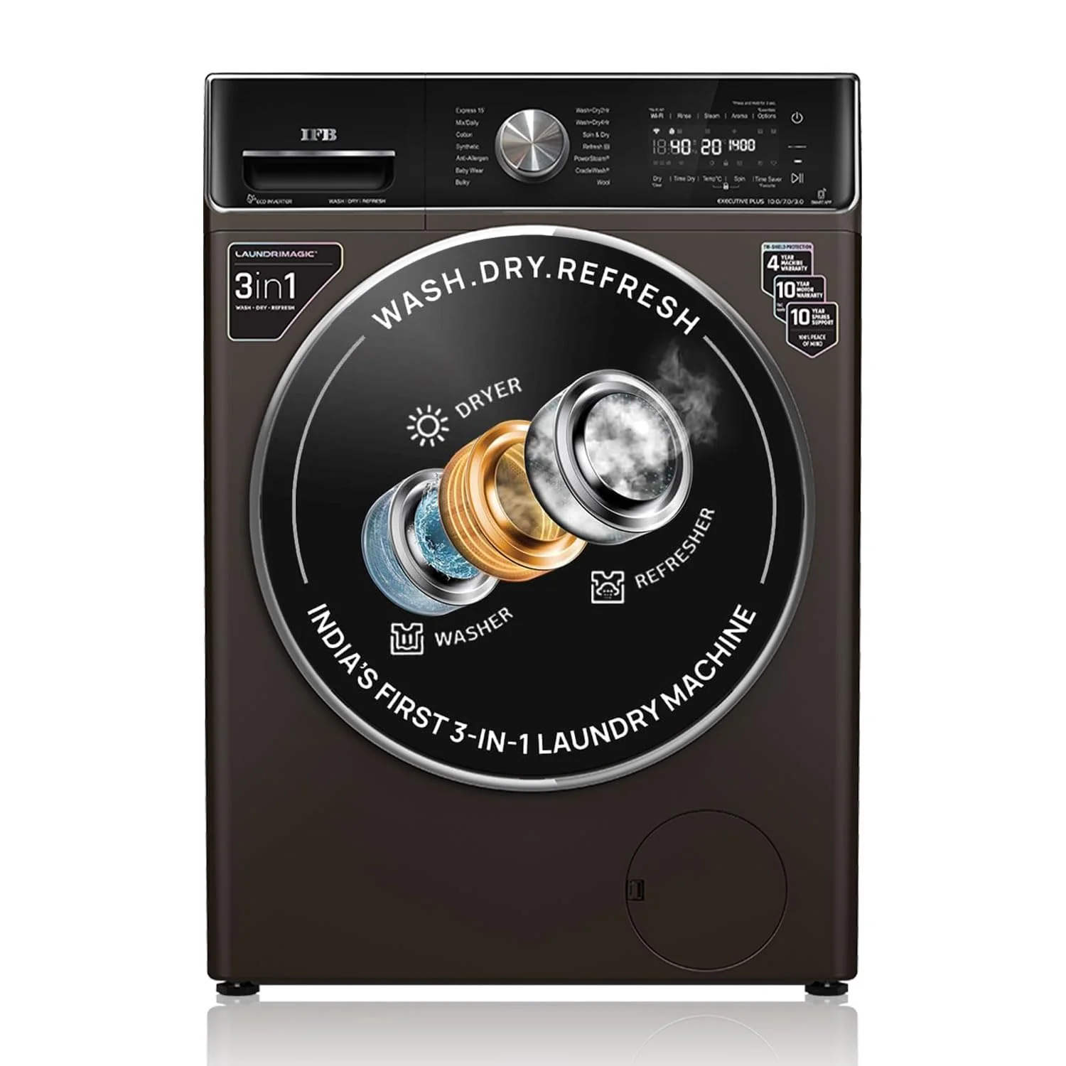 IFB 10 Kg/7 Kg/3 Kg 3-in-1, AI Powered, Fully Automatic Washer Dryer Refresher (Laundrimagic®, EXECUTIVE PLUS ZXM, 9 Swirl Wash, Eco Inverter Technology, Mocha)