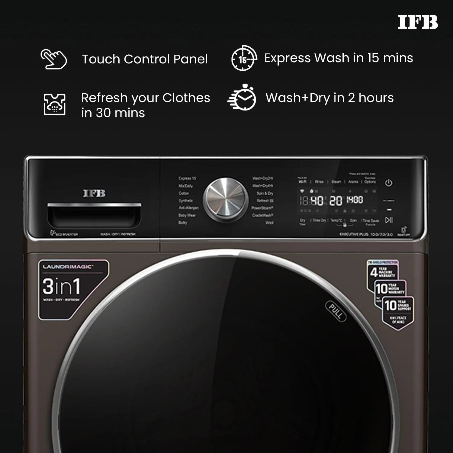 IFB 10 Kg/7 Kg/3 Kg 3-in-1, AI Powered, Fully Automatic Washer Dryer Refresher (Laundrimagic®, EXECUTIVE PLUS ZXM, 9 Swirl Wash, Eco Inverter Technology, Mocha) - Image 3