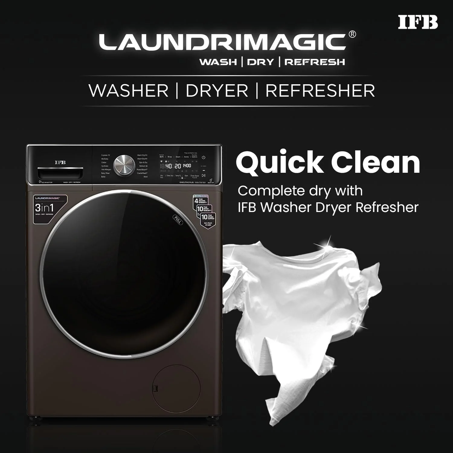 IFB 10 Kg/7 Kg/3 Kg 3-in-1, AI Powered, Fully Automatic Washer Dryer Refresher (Laundrimagic®, EXECUTIVE PLUS ZXM, 9 Swirl Wash, Eco Inverter Technology, Mocha) - Image 4