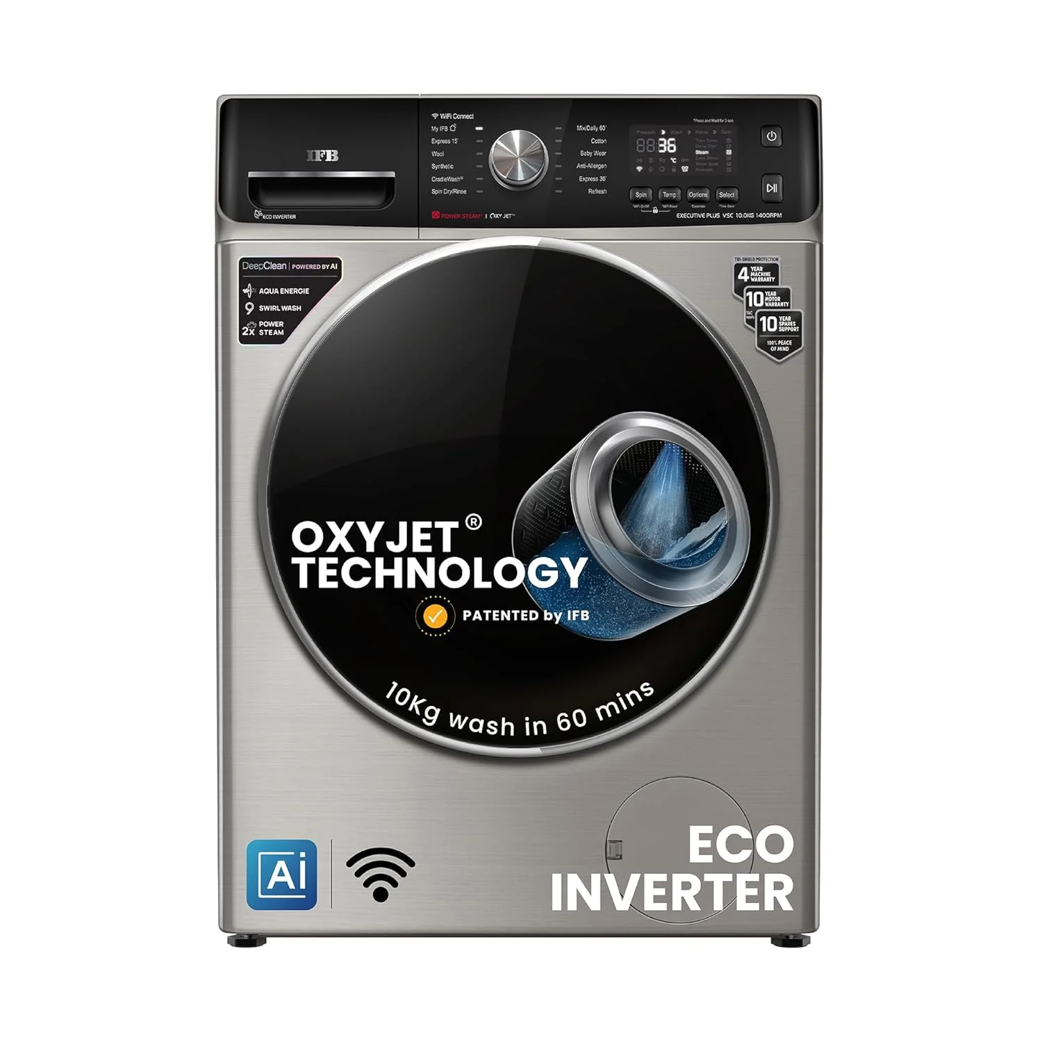 IFB 10Kg 5 Star with Deep Clean Oxyjet Technology, AI Powered, Fully Automatic Front Load Washing Machine (EXECUTIVE PLUS VSC 1014 SSL, Steam Refresh Program, Wi-Fi, Eco Inverter, SUS VCM, silver)
