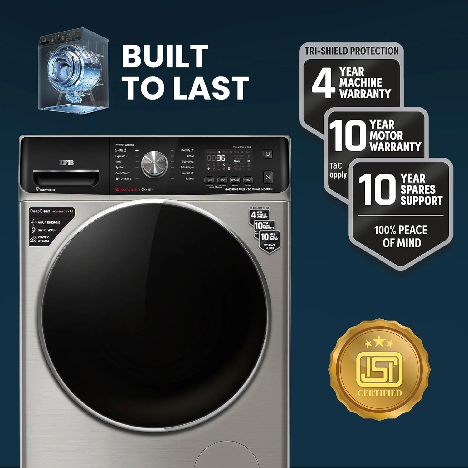 IFB 10Kg 5 Star with Deep Clean Oxyjet Technology, AI Powered, Fully Automatic Front Load Washing Machine (EXECUTIVE PLUS VSC 1014 SSL, Steam Refresh Program, Wi-Fi, Eco Inverter, SUS VCM, silver) - Image 7