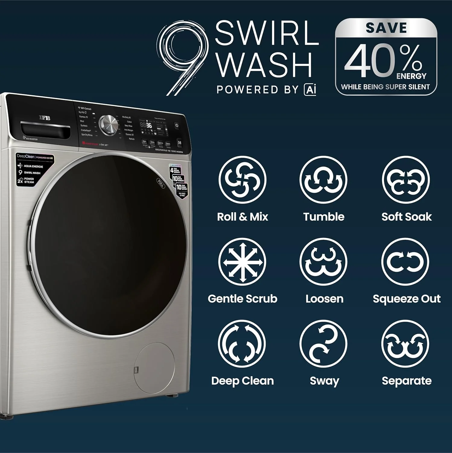 IFB 10Kg 5 Star with Deep Clean Oxyjet Technology, AI Powered, Fully Automatic Front Load Washing Machine (EXECUTIVE PLUS VSC 1014 SSL, Steam Refresh Program, Wi-Fi, Eco Inverter, SUS VCM, silver) - Image 8