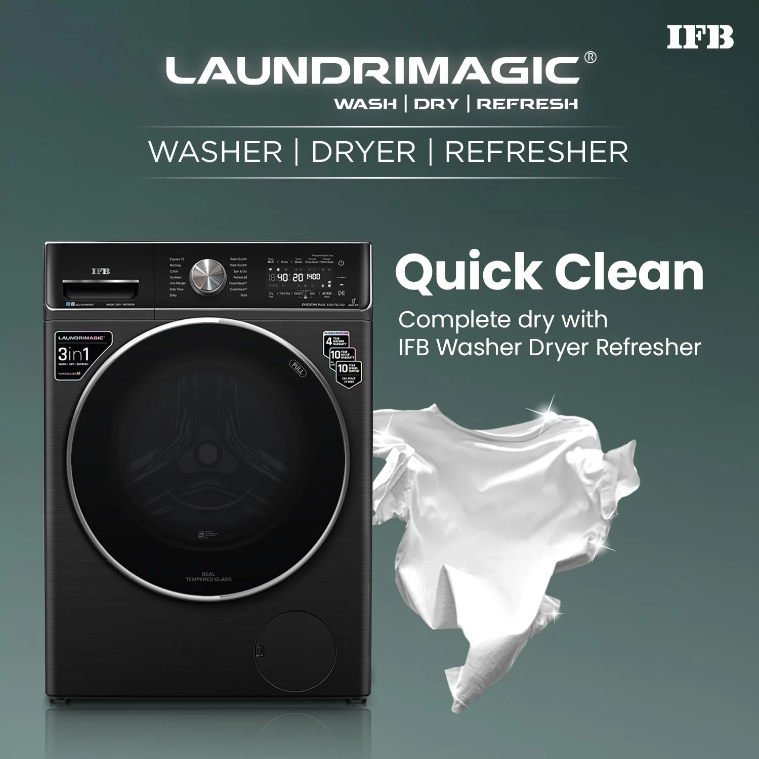 IFB 11/7/3 kg Fully Automatic Washer Dryer Refresher with Steam Refresh, AI DOS, 100% Dry Clothes, 9 Swirl Wash Mimic Handwashing, WiFi &amp; Eco Inverter Motor (WDR Executive Plus ZBG, Black) - Image 4