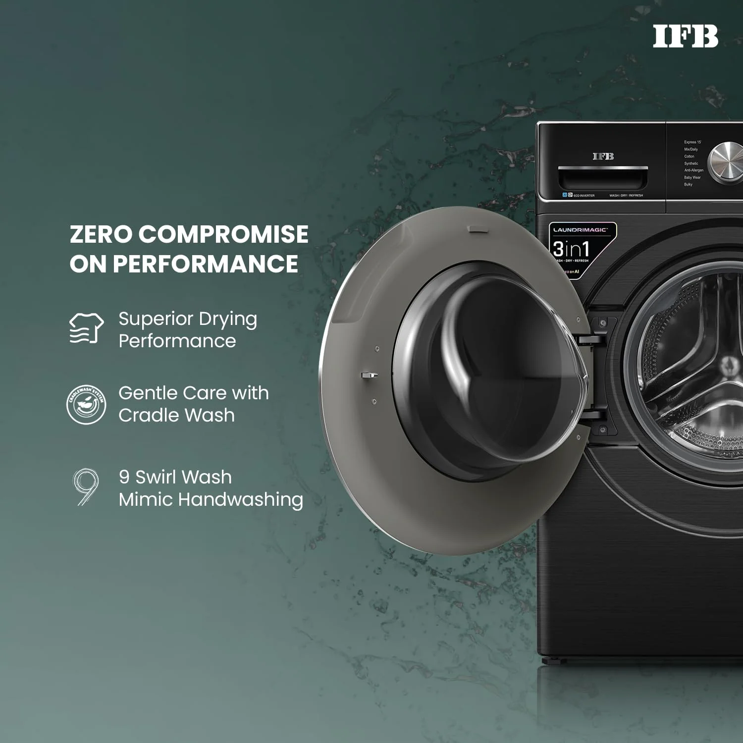 IFB 11/7/3 kg Fully Automatic Washer Dryer Refresher with Steam Refresh, AI DOS, 100% Dry Clothes, 9 Swirl Wash Mimic Handwashing, WiFi &amp; Eco Inverter Motor (WDR Executive Plus ZBG, Black) - Image 5