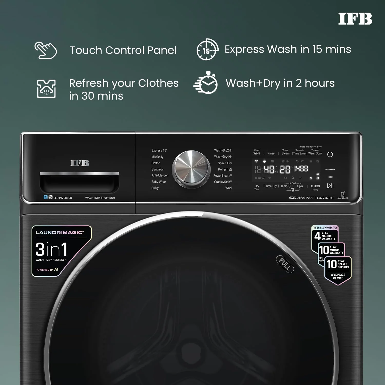 IFB 11/7/3 kg Fully Automatic Washer Dryer Refresher with Steam Refresh, AI DOS, 100% Dry Clothes, 9 Swirl Wash Mimic Handwashing, WiFi &amp; Eco Inverter Motor (WDR Executive Plus ZBG, Black) - Image 8